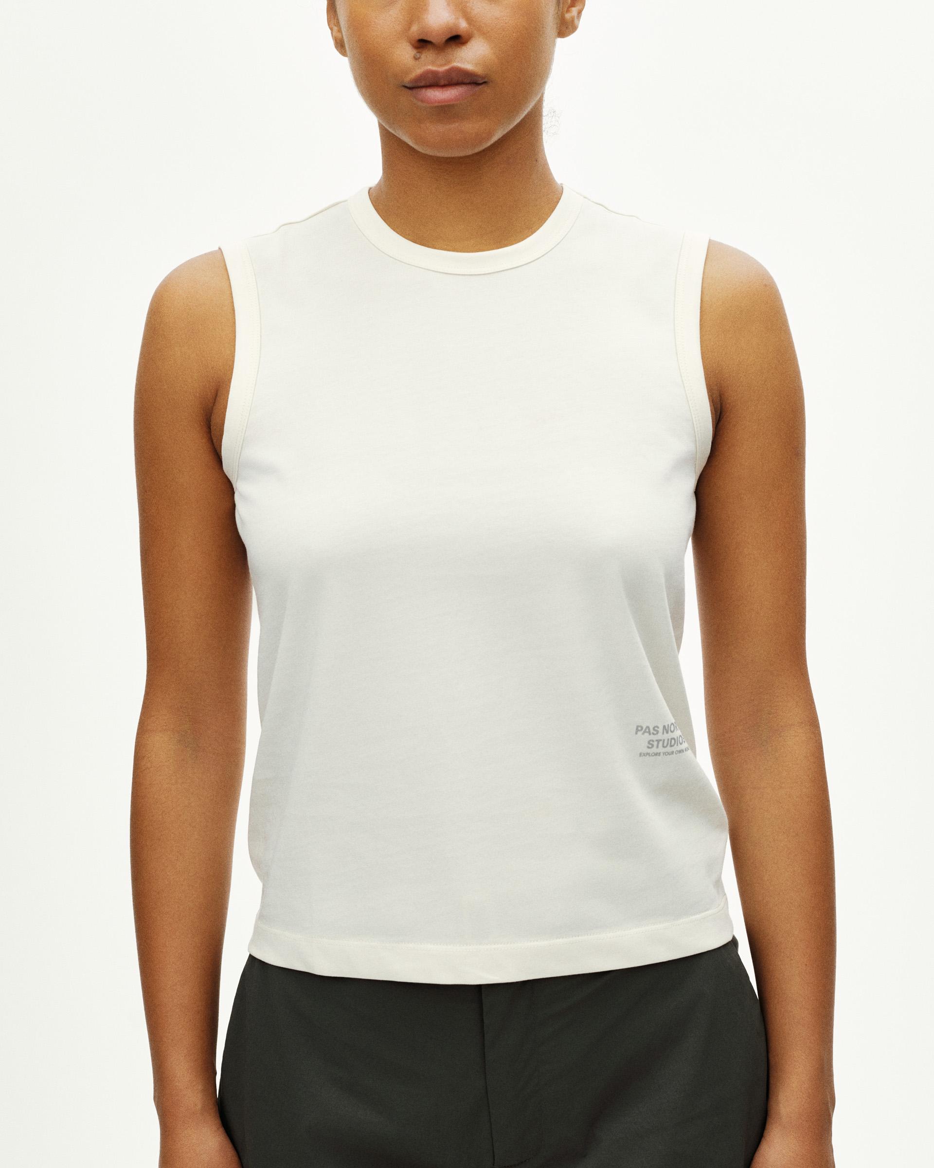 Off White Off-Race Cotton Tech sleeveless top on model with small chest logo