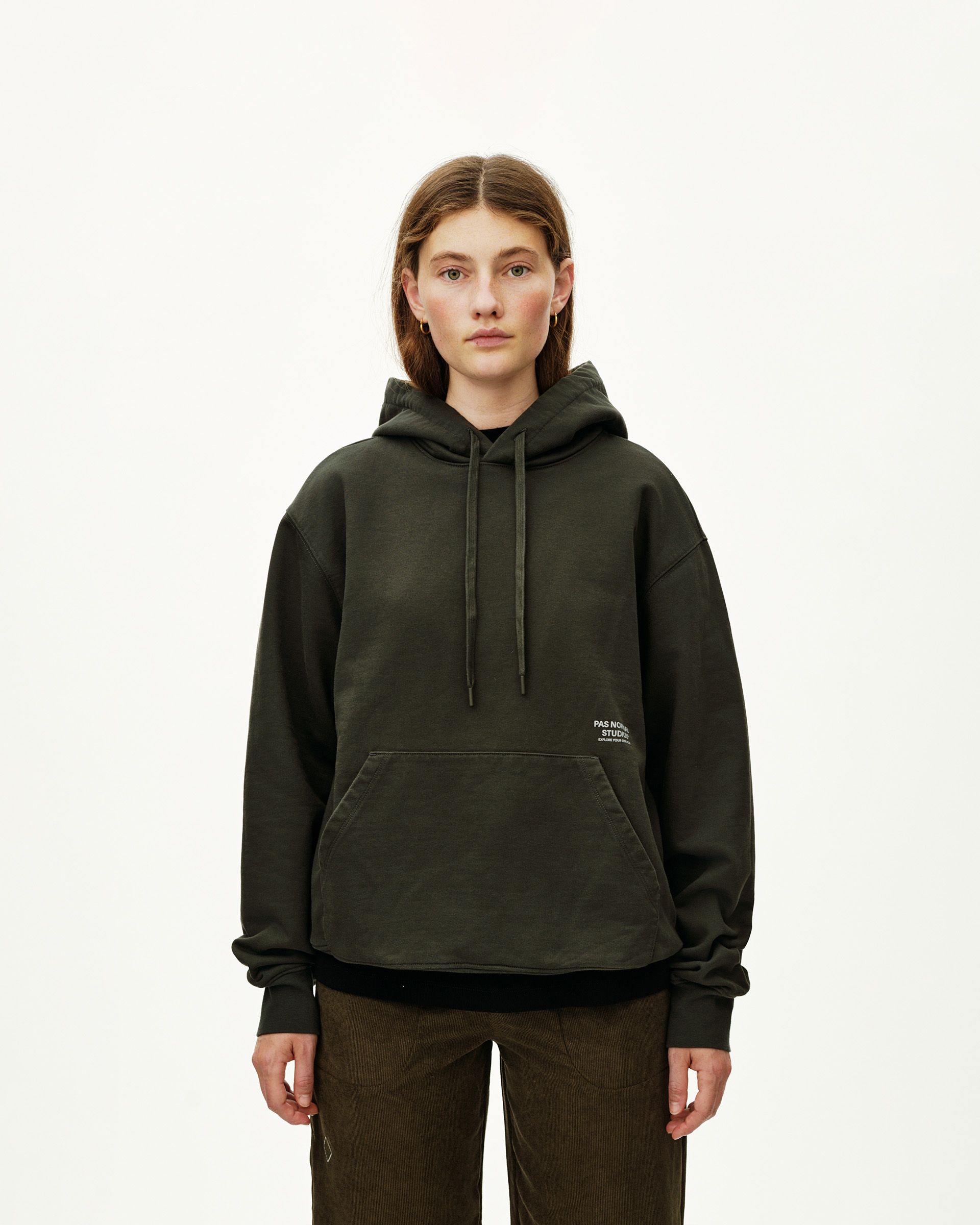 Dark Olive Off-Race hoodie on model, front view with kangaroo pocket and small chest text print