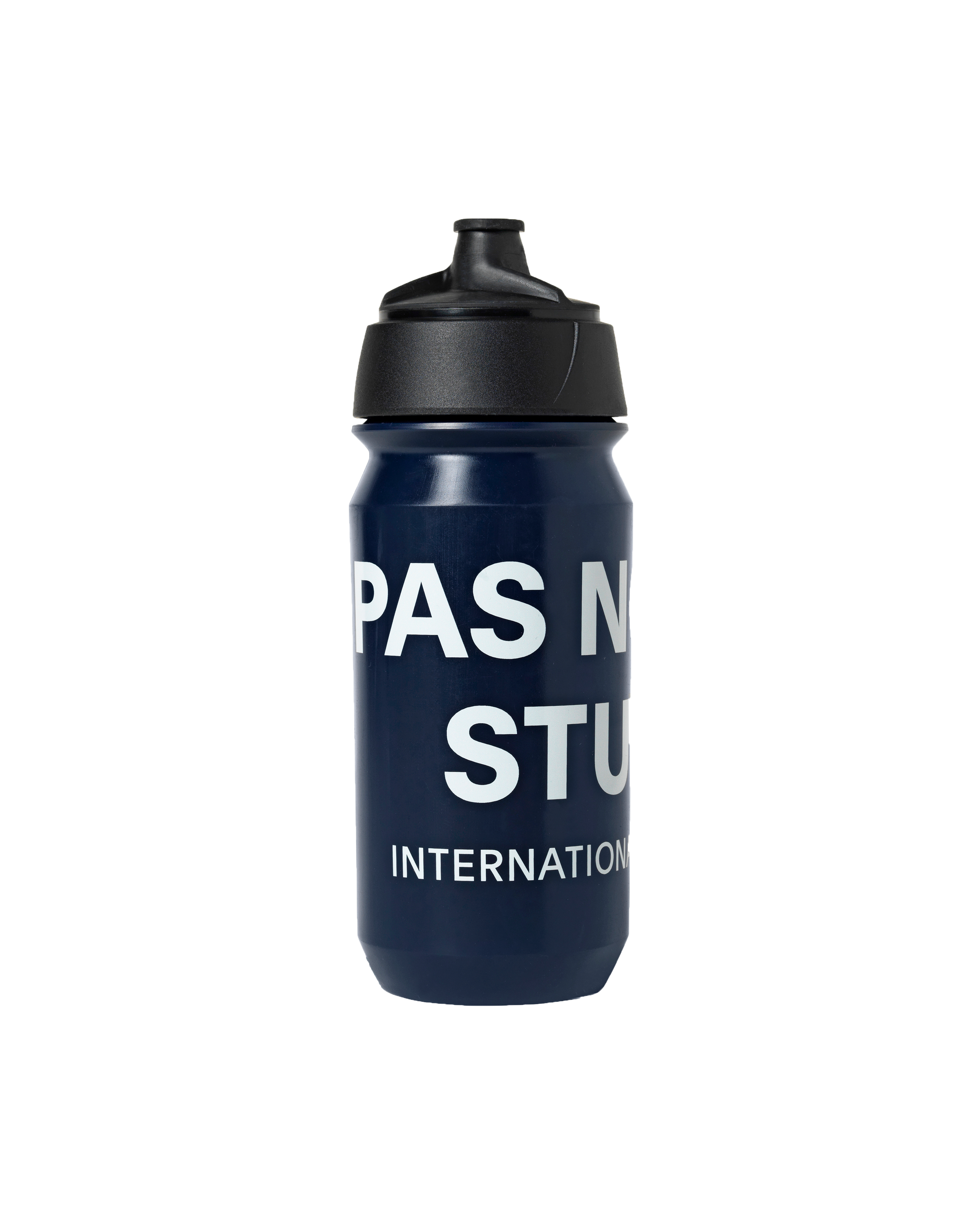 Navy Essential Logo cycling bottle with black cap and white text