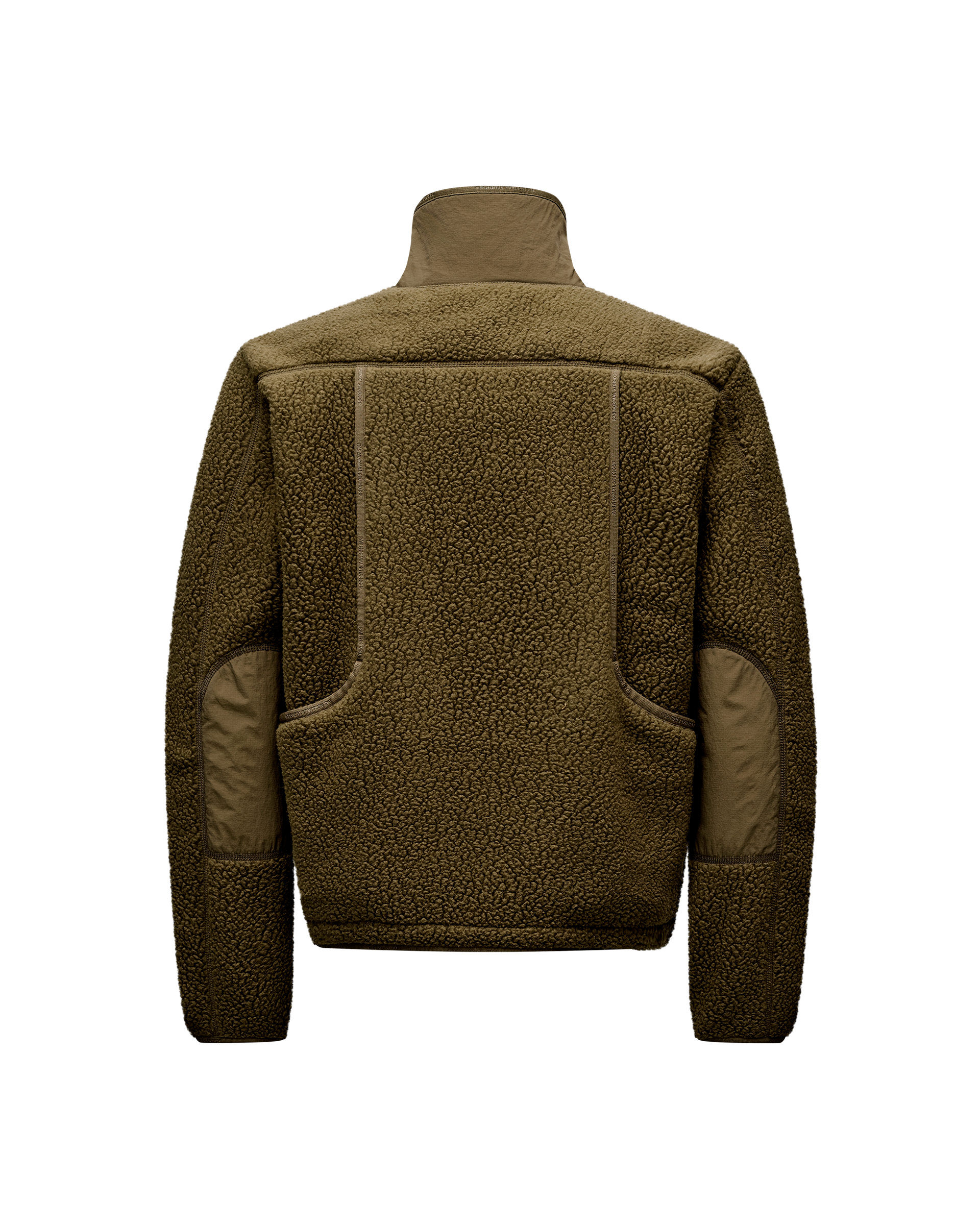 Deep Olive Off-Race Pile Fleece jacket, rear flat lay with contrast nylon panels and elbow patches