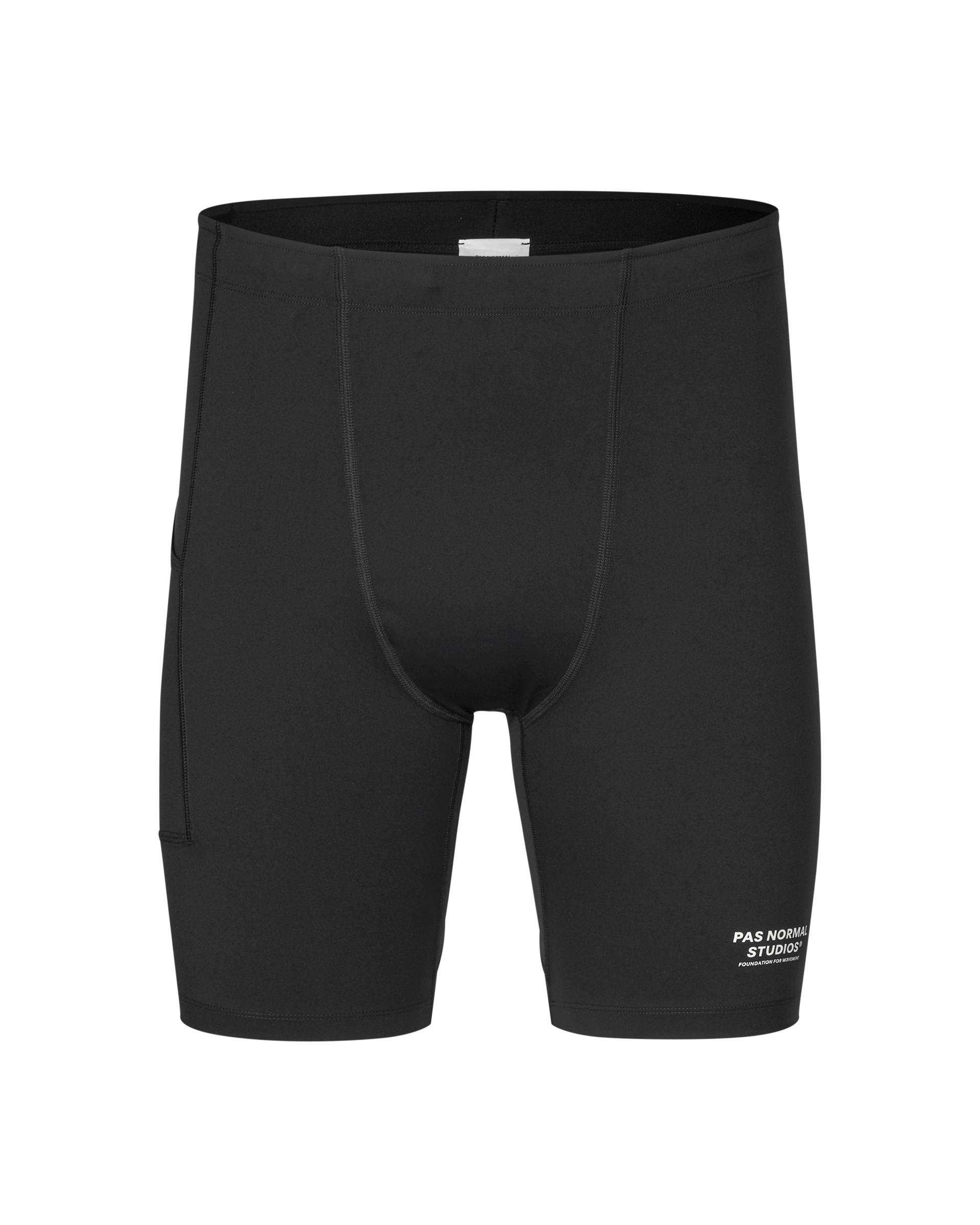 Black Balance short tights, front view with contrast stitching and white logo on leg