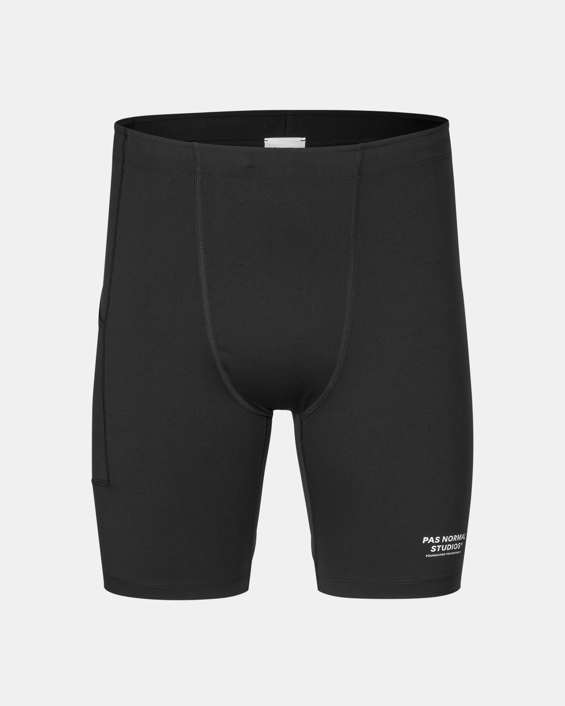 Black Balance short tights, front view with contrast stitching and white logo on leg