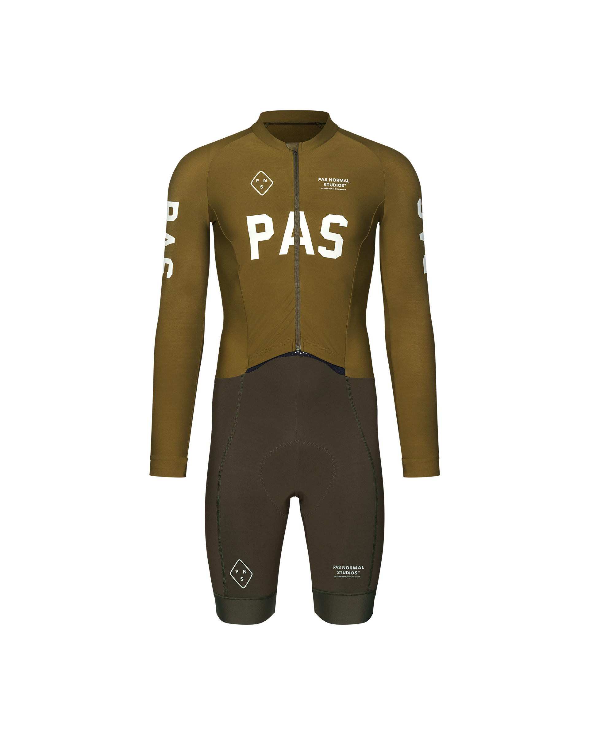 Moss Brown PAS thermal cycling speedsuit, front flat lay with white chest logo and two-tone lower panel