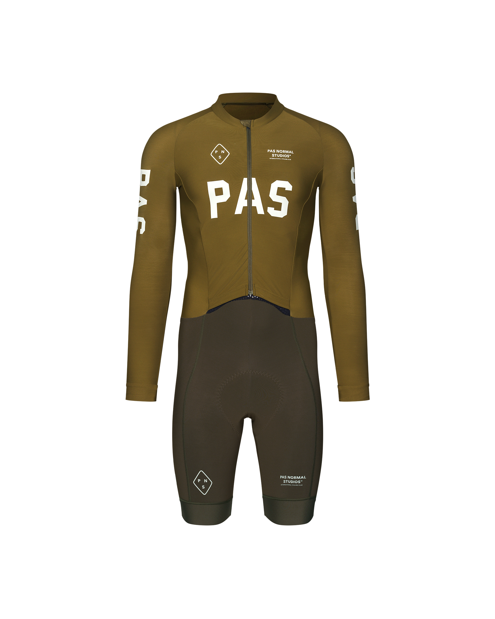 Moss Brown PAS thermal cycling speedsuit, front flat lay with white chest logo and two-tone lower panel