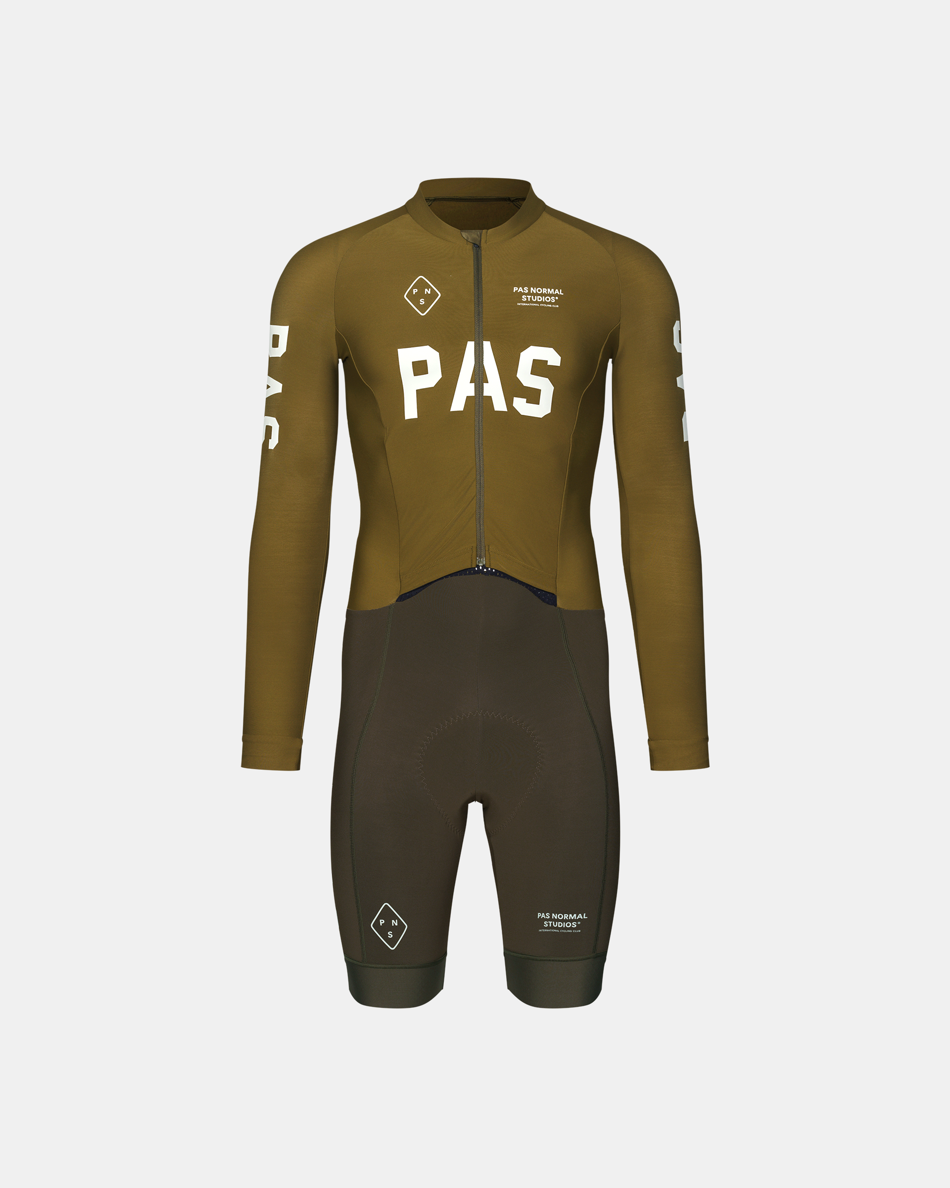 Moss Brown PAS thermal cycling speedsuit, front flat lay with white chest logo and two-tone lower panel