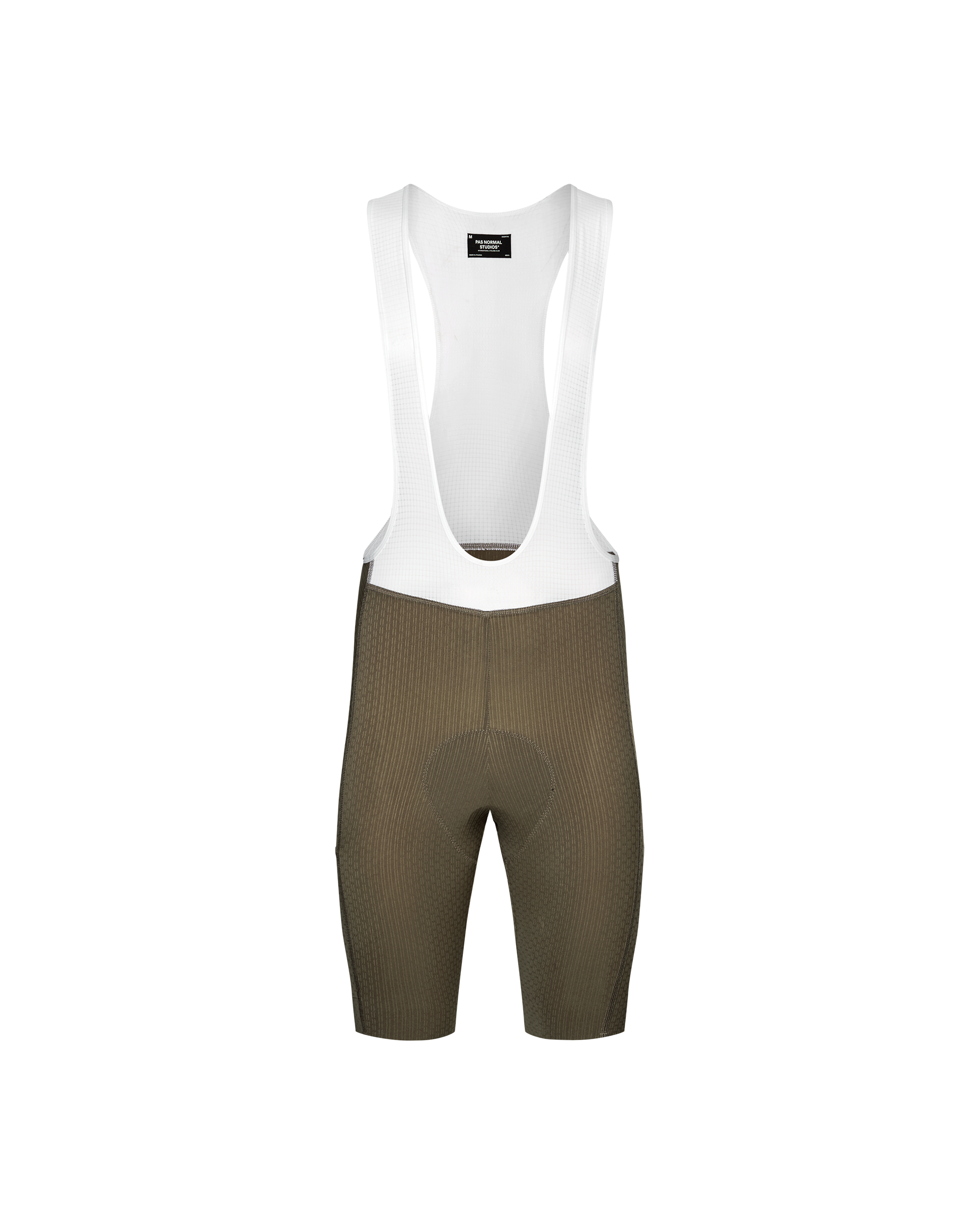 Dark Stone T.K.O. Essential Light Cargo cycling bibs, front flat lay with white mesh bib straps