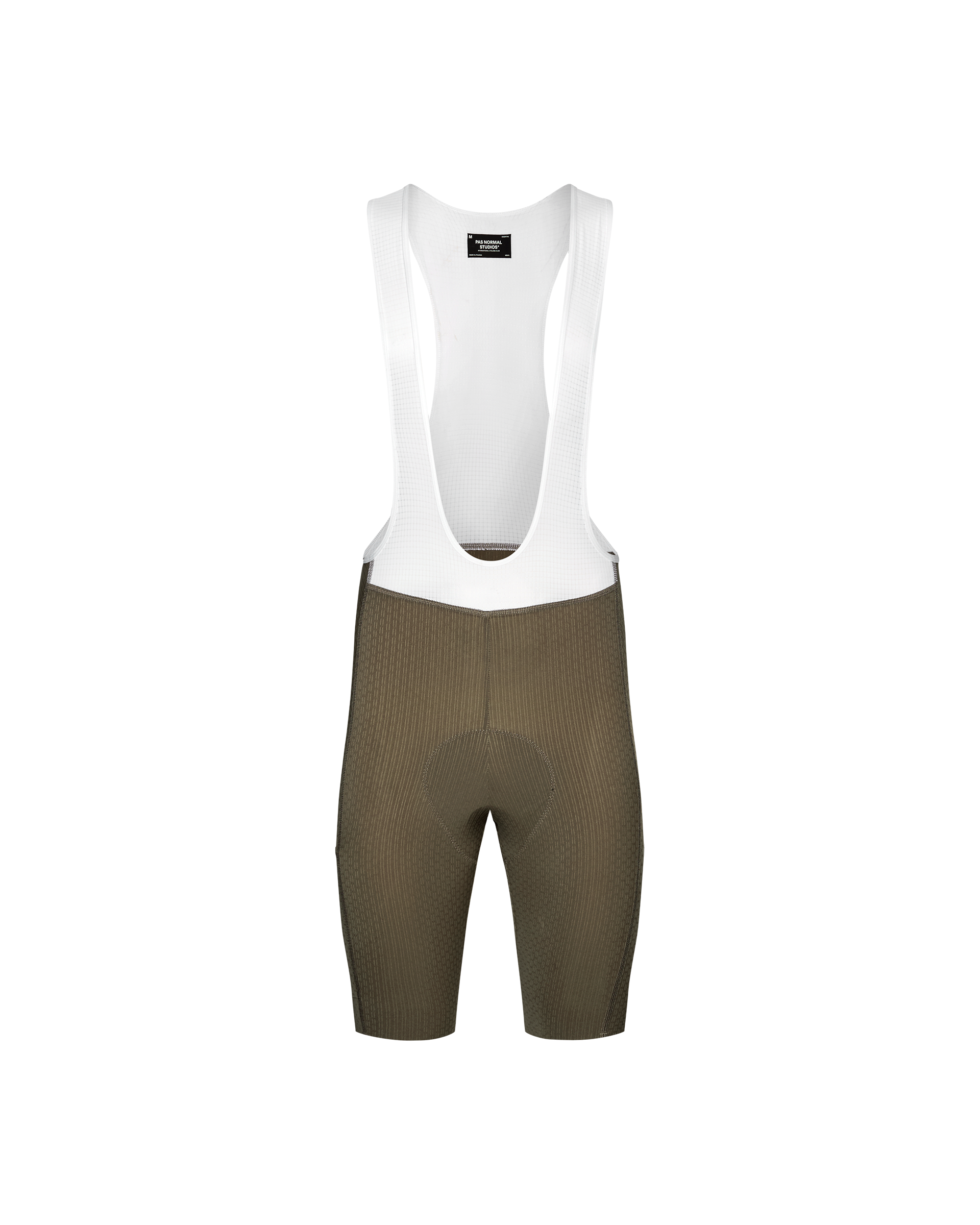 Dark Stone T.K.O. Essential Light Cargo cycling bibs, front flat lay with white mesh bib straps