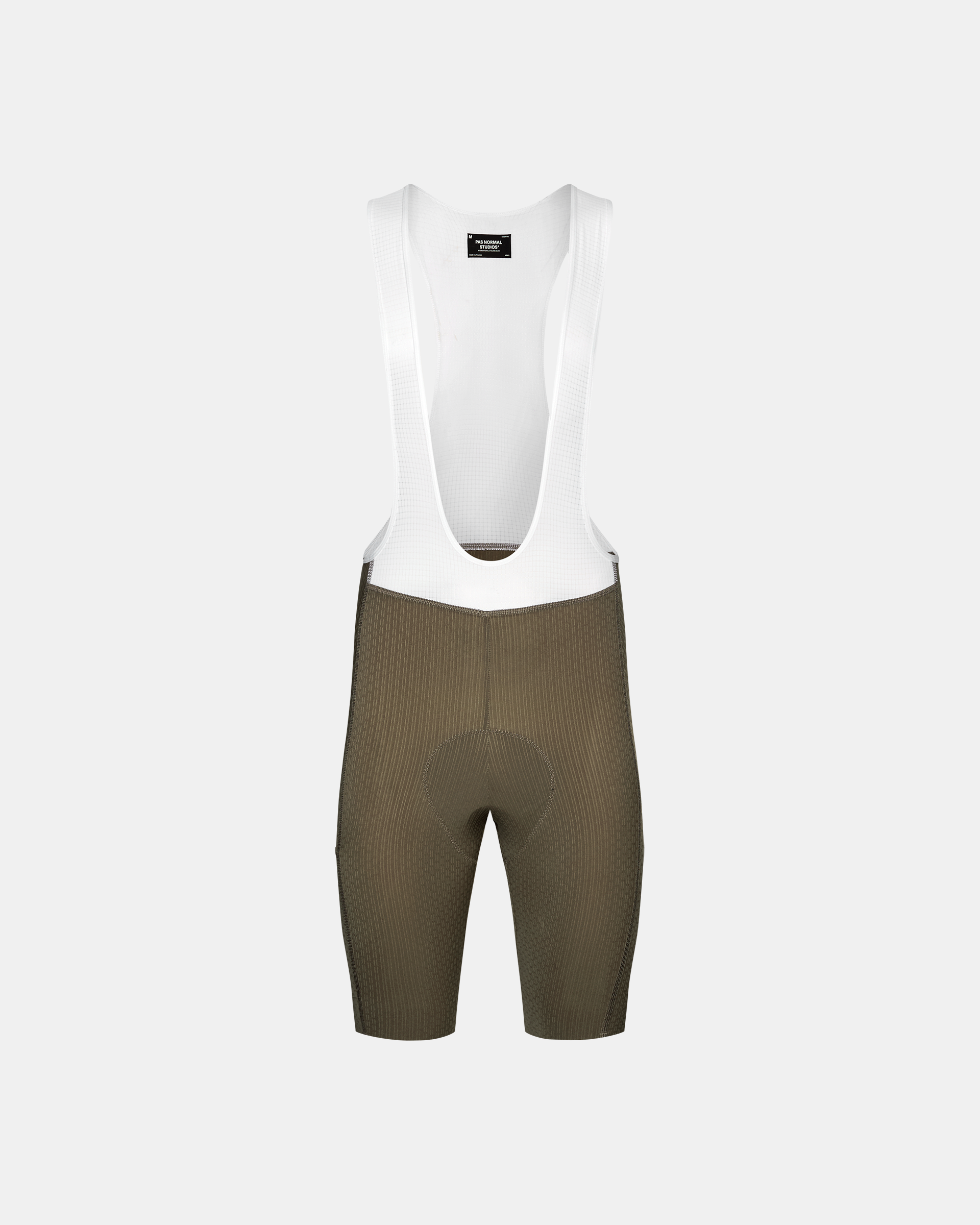 Dark Stone T.K.O. Essential Light Cargo cycling bibs, front flat lay with white mesh bib straps