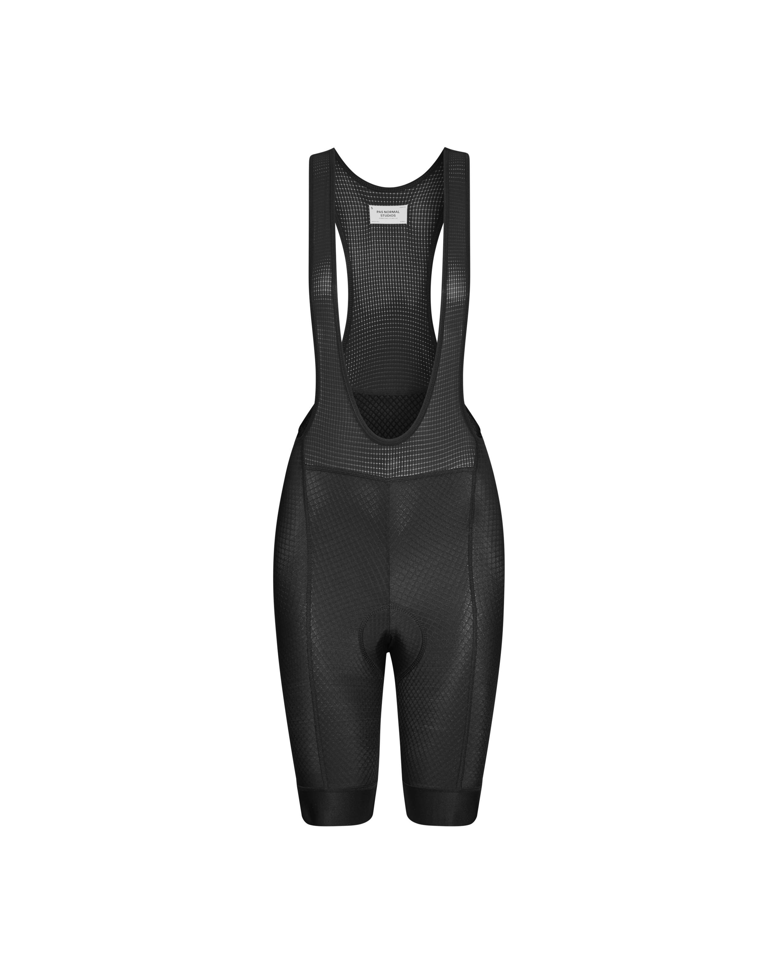 Black Essential cycling bibs, front flat lay with mesh bib straps
