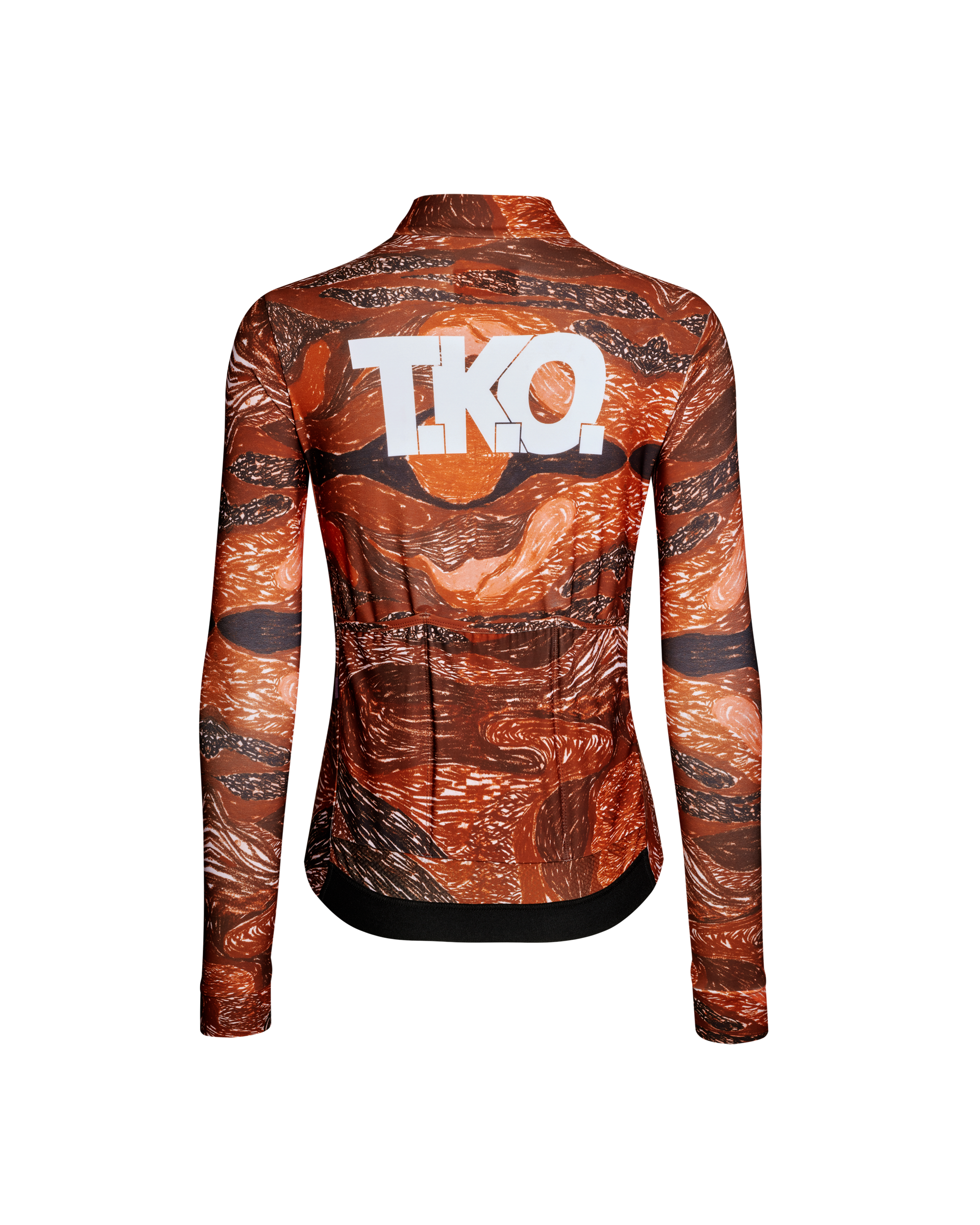 Red T.K.O. Mechanism long sleeve cycling jersey, rear flat lay with all-over landscape print and white chest logo