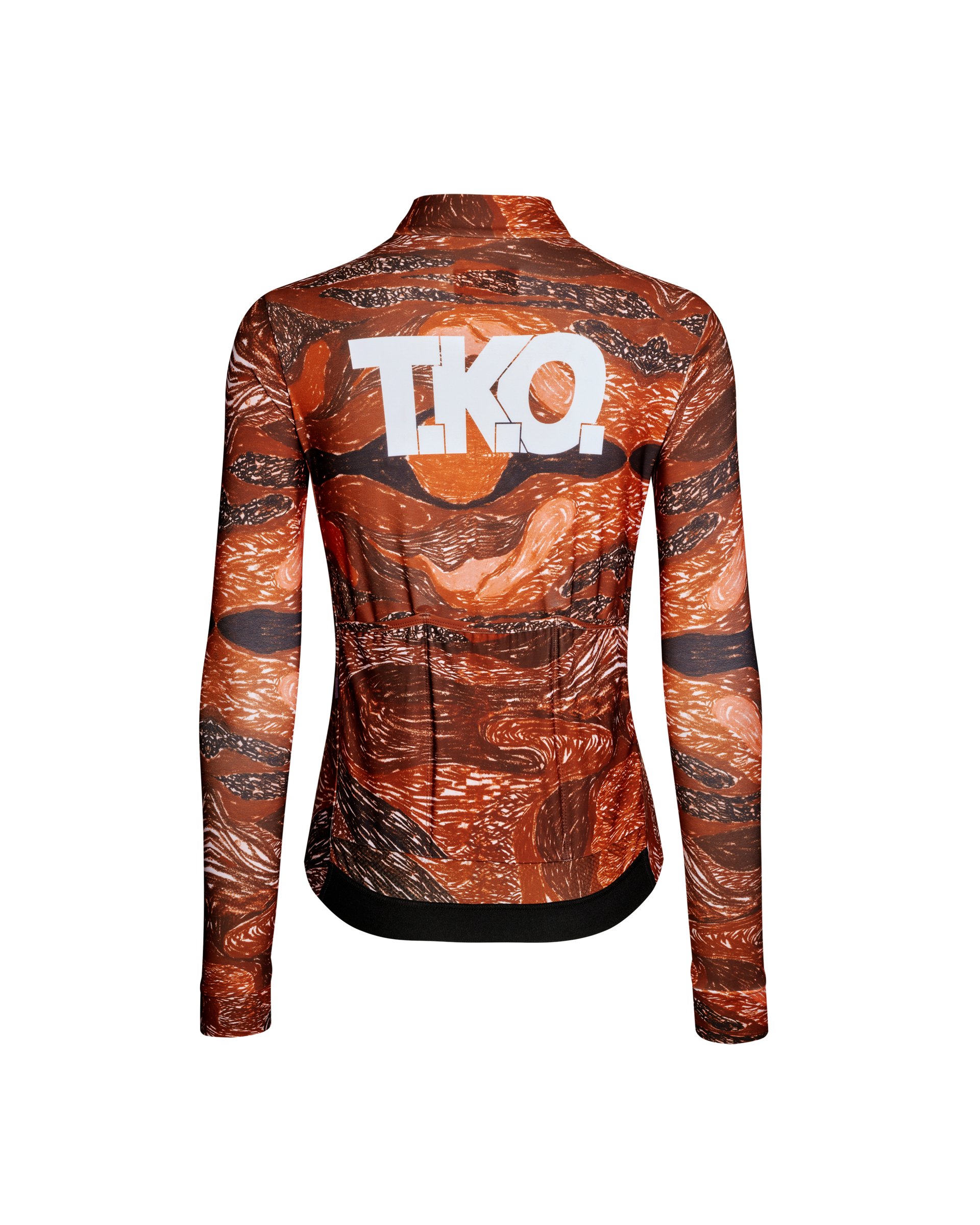 Red T.K.O. Mechanism long sleeve cycling jersey, rear flat lay with all-over landscape print and white chest logo