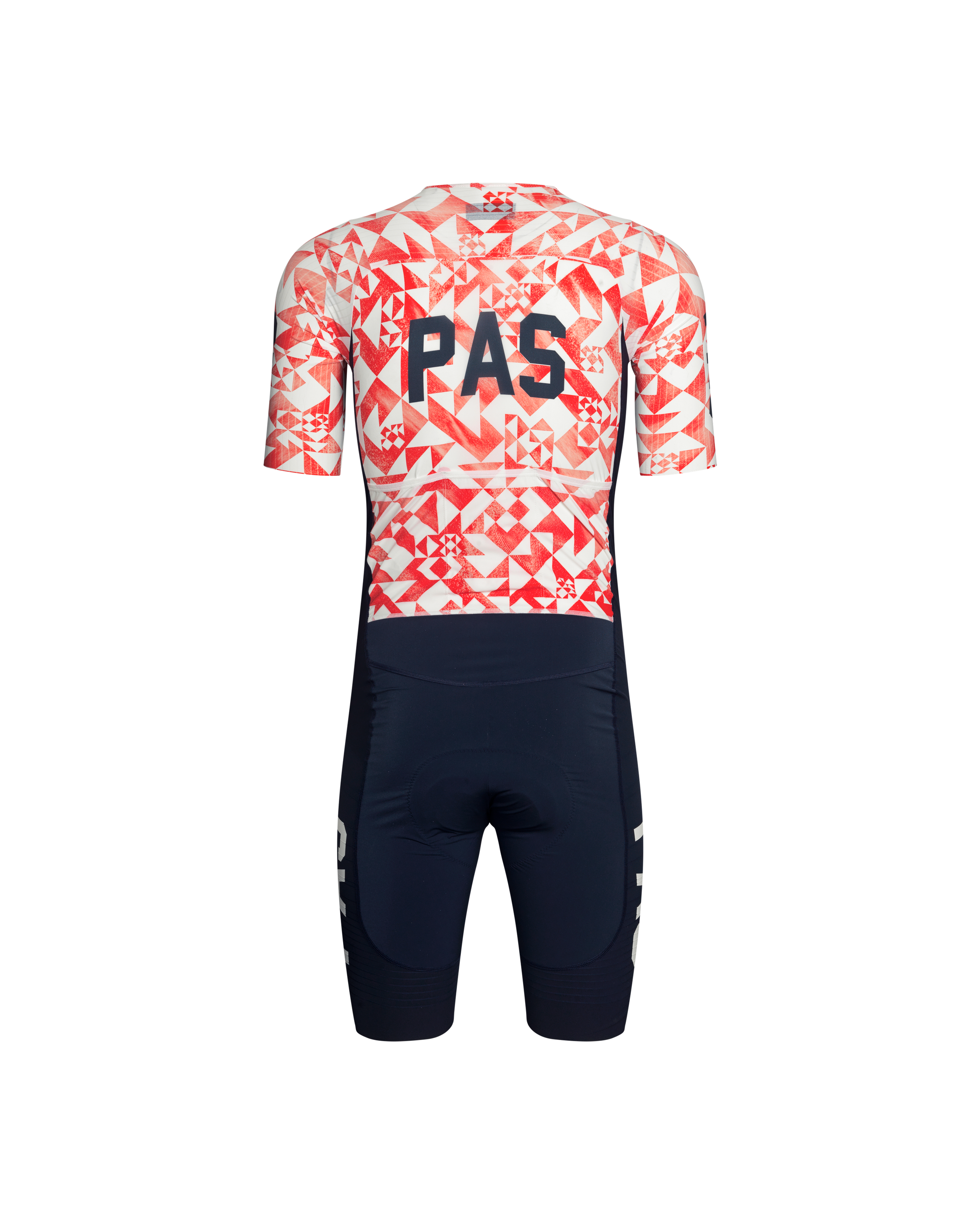 Red PAS Mechanism Pro Speedsuit, rear view with geometric print and navy shorts