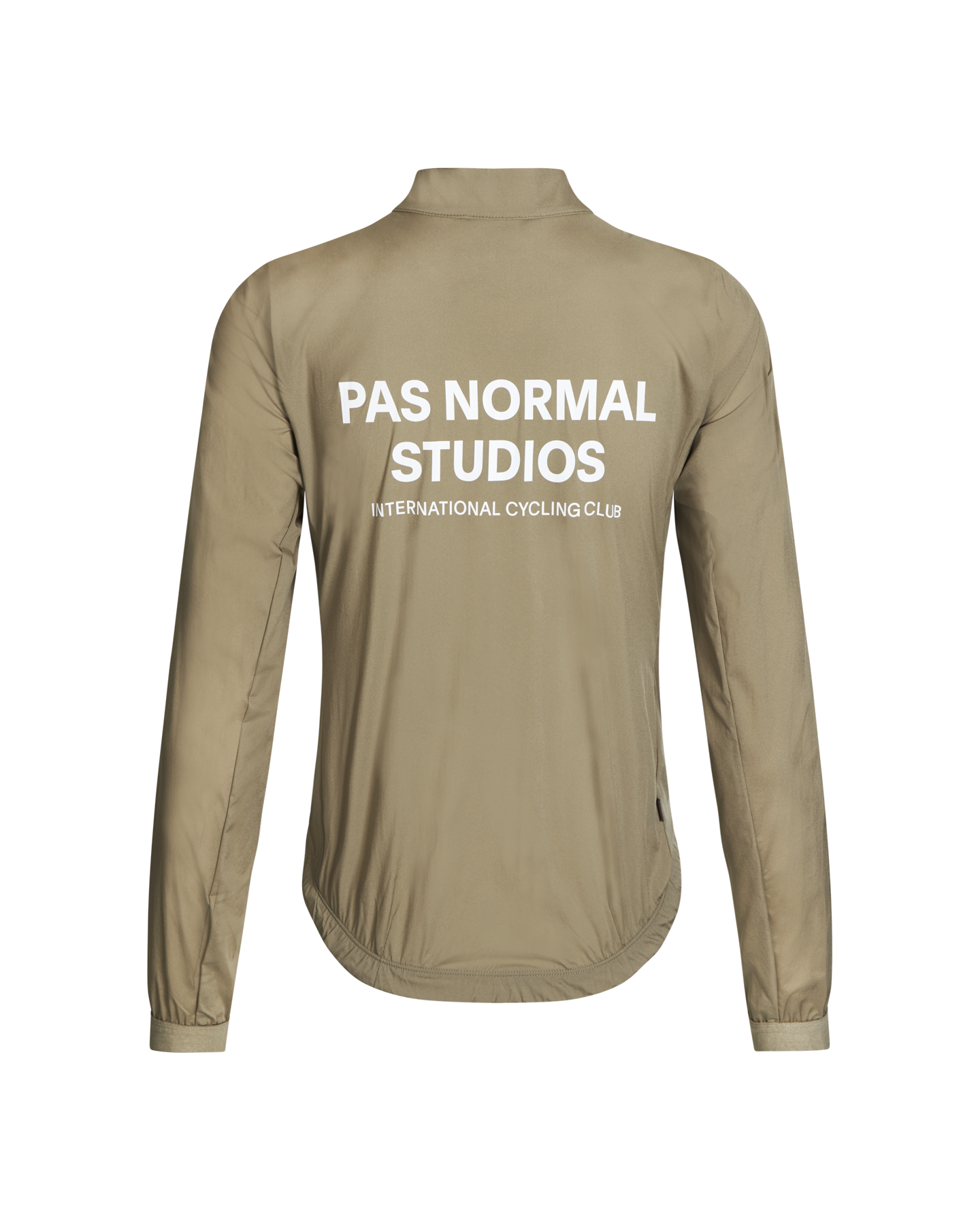 Beige Mechanism Stow Away jacket, rear flat lay with white back print