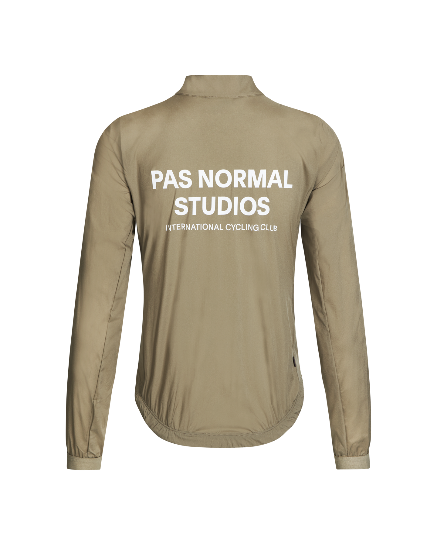 Beige Mechanism Stow Away jacket, rear flat lay with white back print