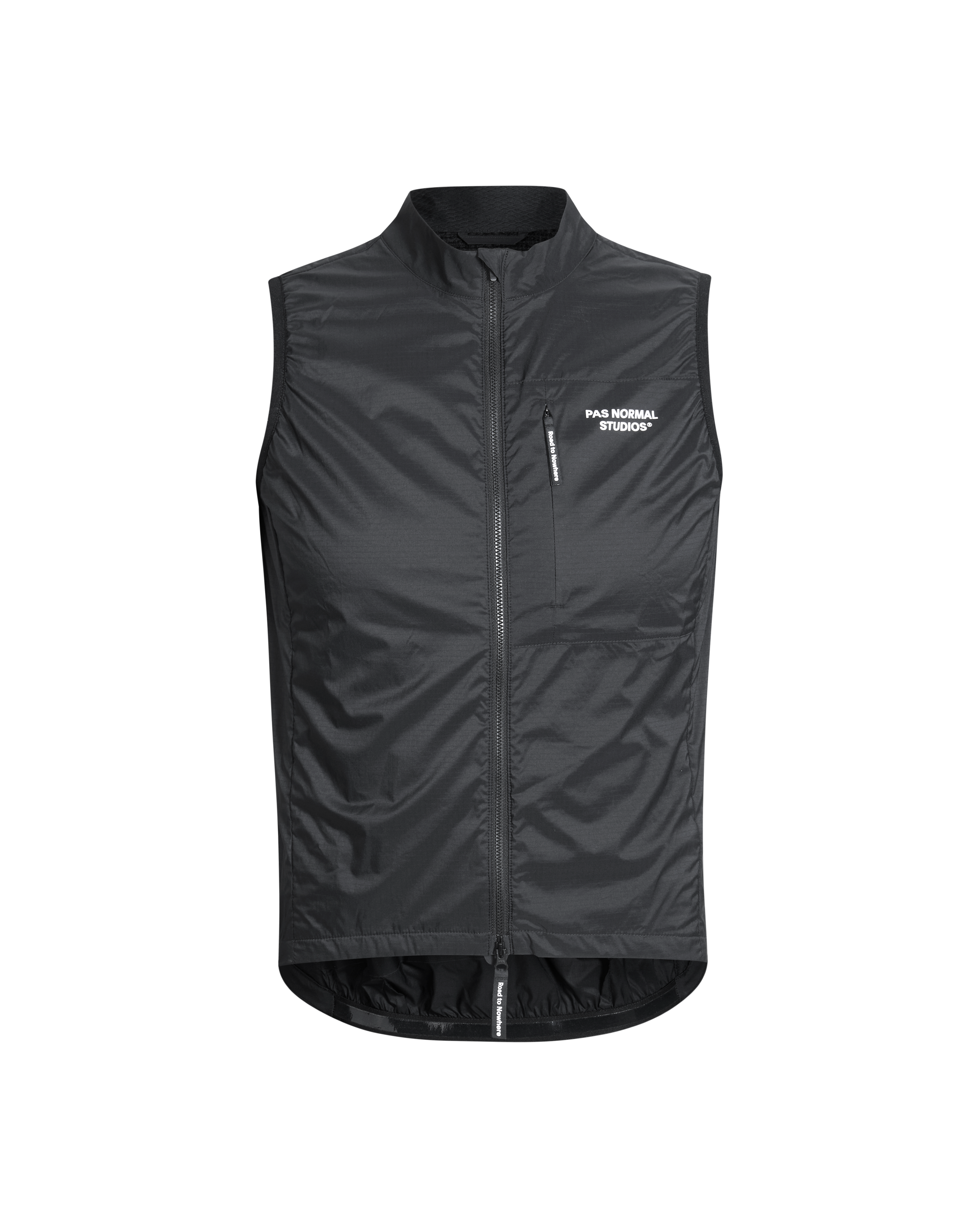 Black Essential Insulated cycling gilet, front view with chest pocket and full zip
