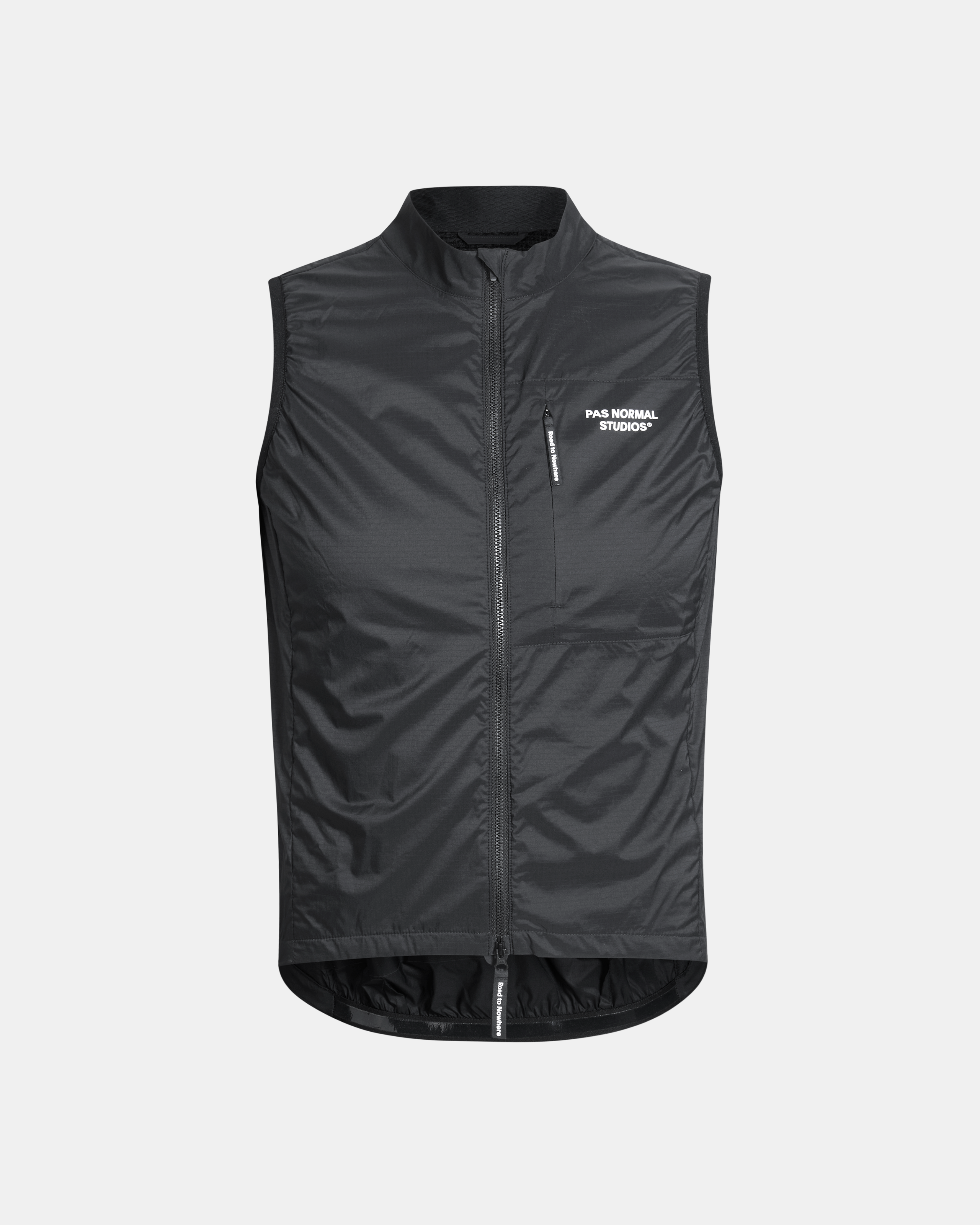 Black Essential Insulated cycling gilet, front view with chest pocket and full zip