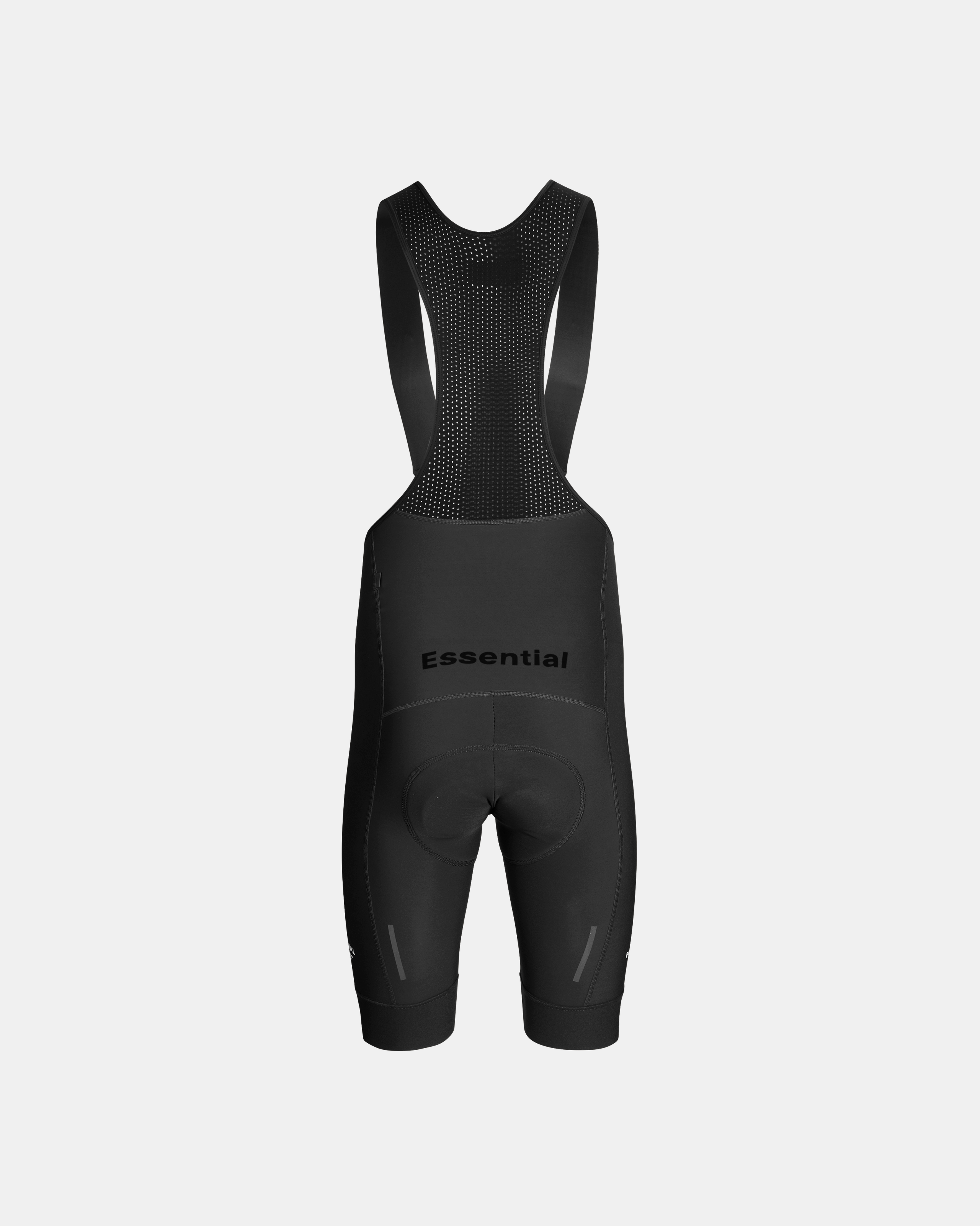 Black Essential thermal bibs, rear flat lay with mesh bib panel and Essential logo