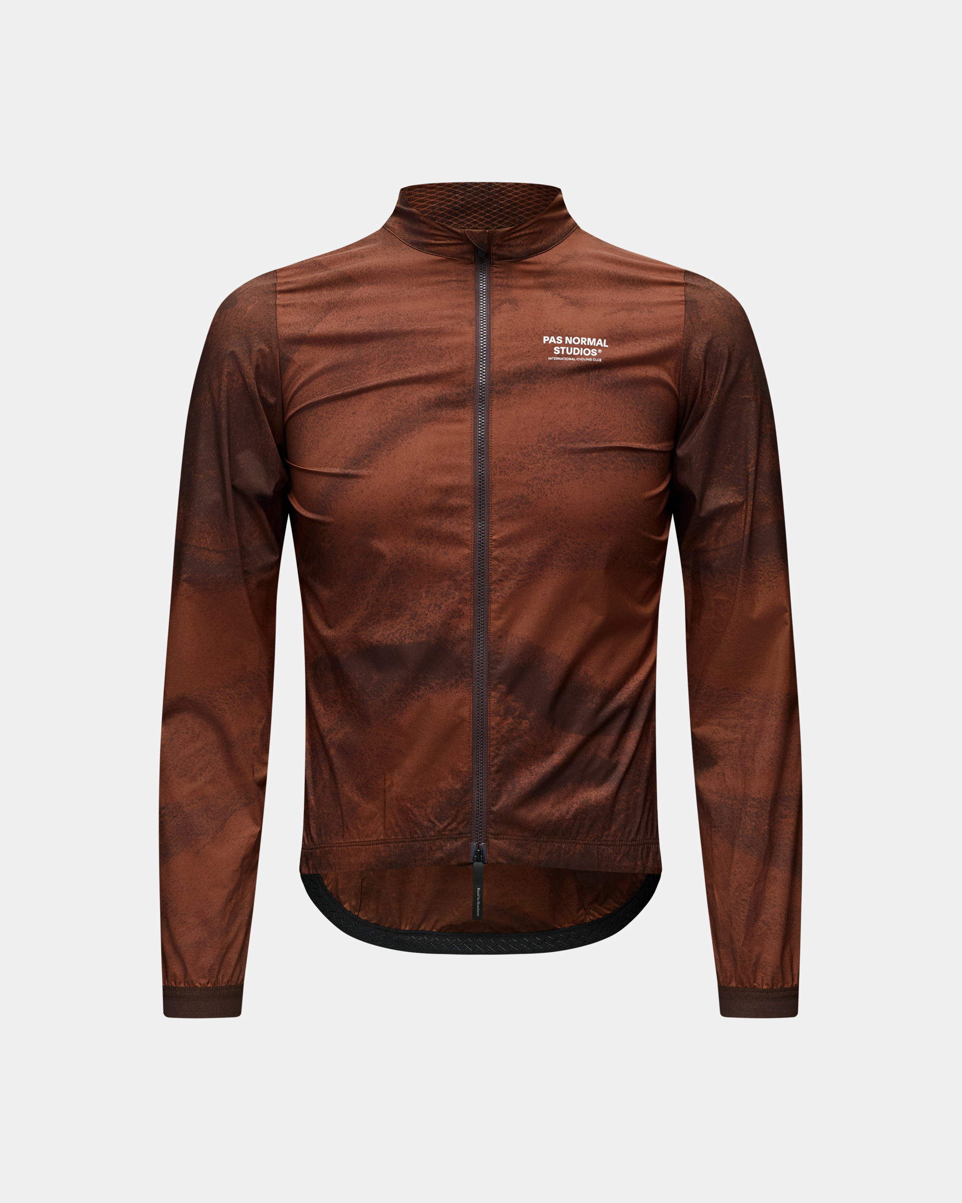 Brown Mechanism Stow Away jacket, front view with quilted collar and full zip