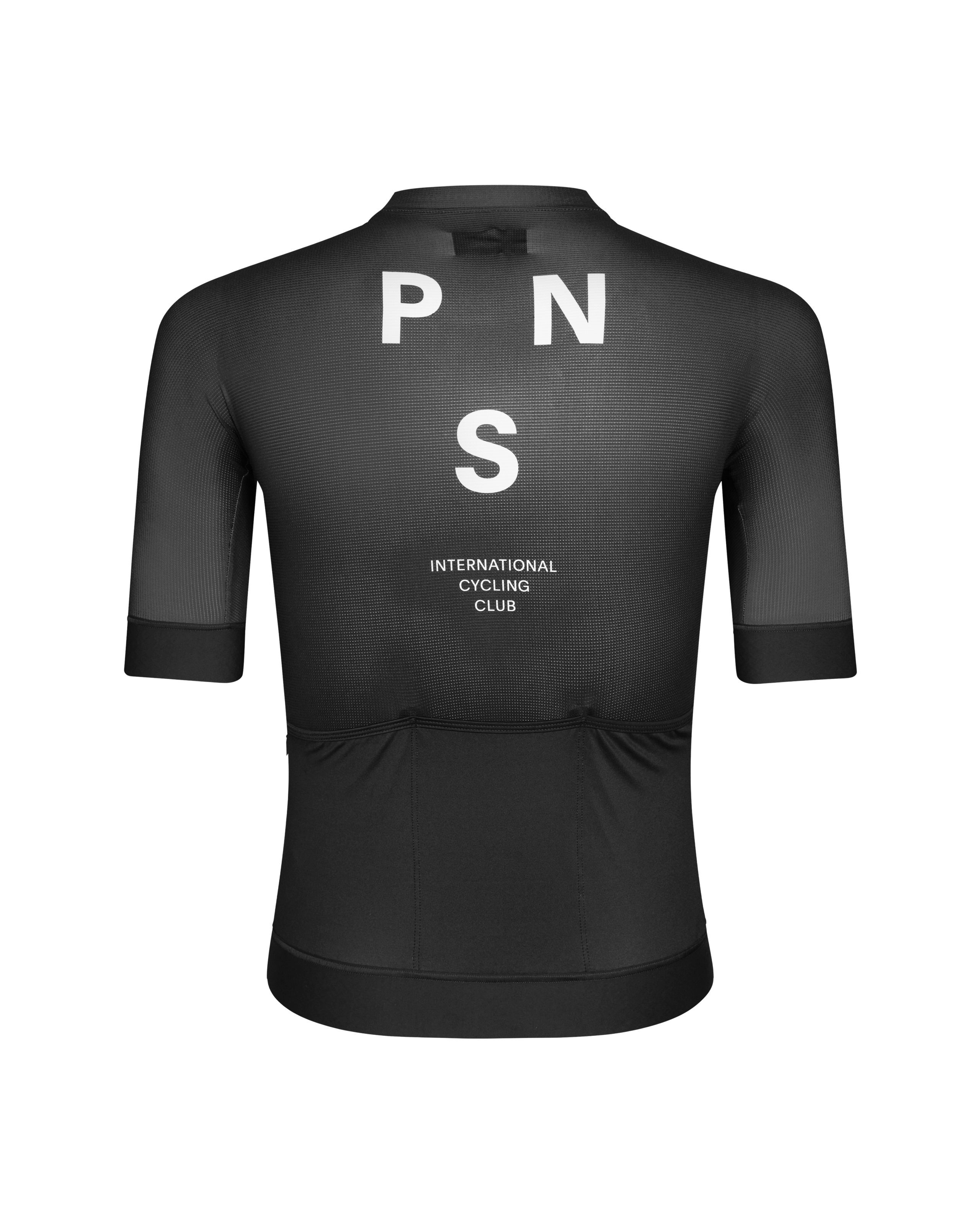 Black Mechanism cycling jersey, rear view with white PNS logo and contrast mesh panels