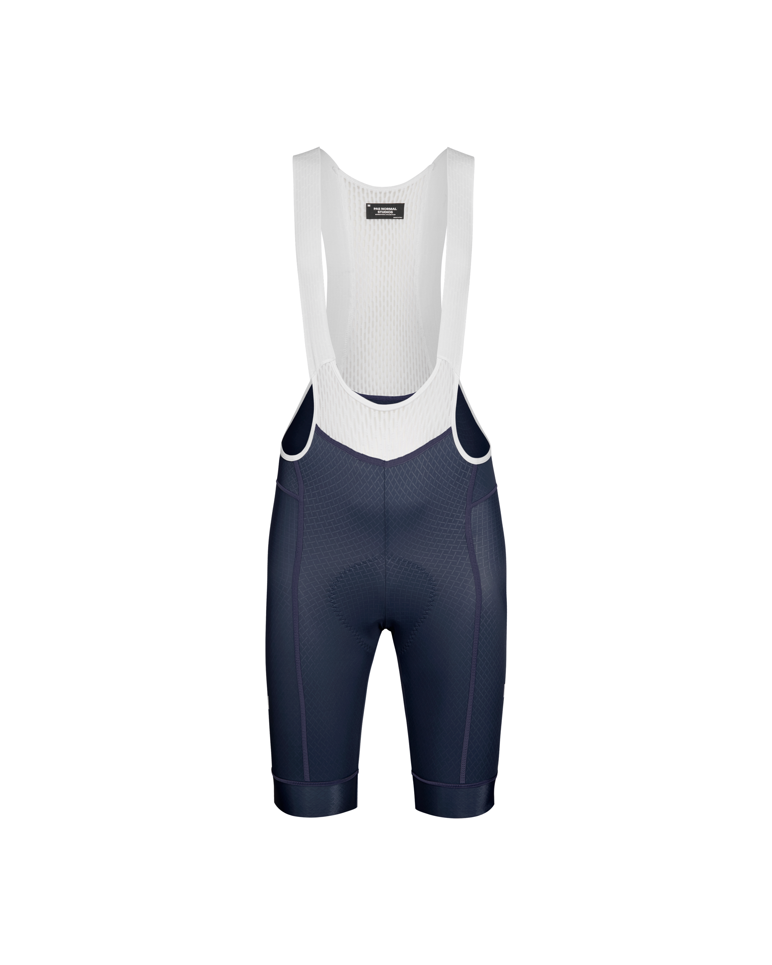 Navy Mechanism cycling bibs, front view with white mesh bib straps