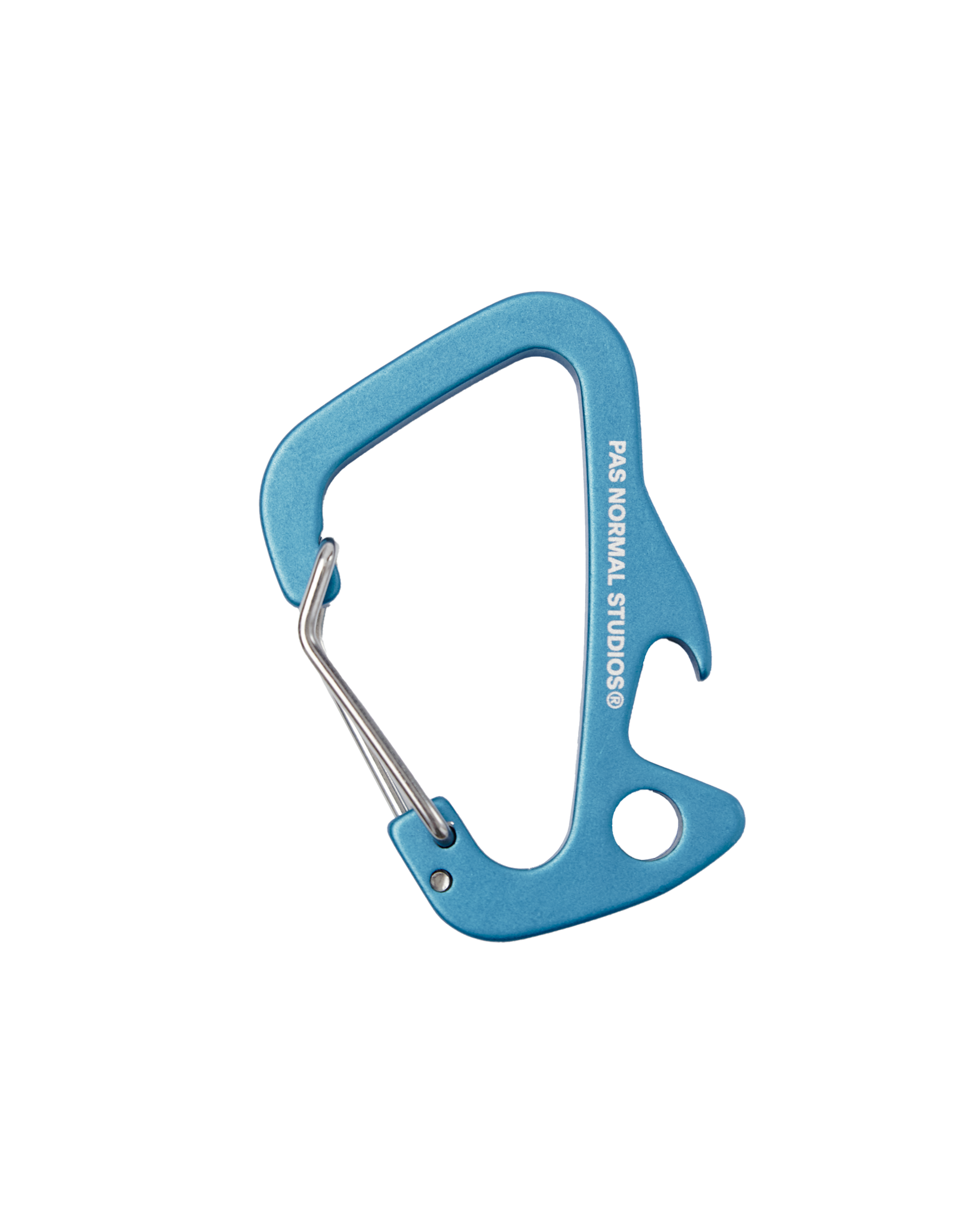 Blue Off-Race carabiner, angled view with wire gate and keyring hole