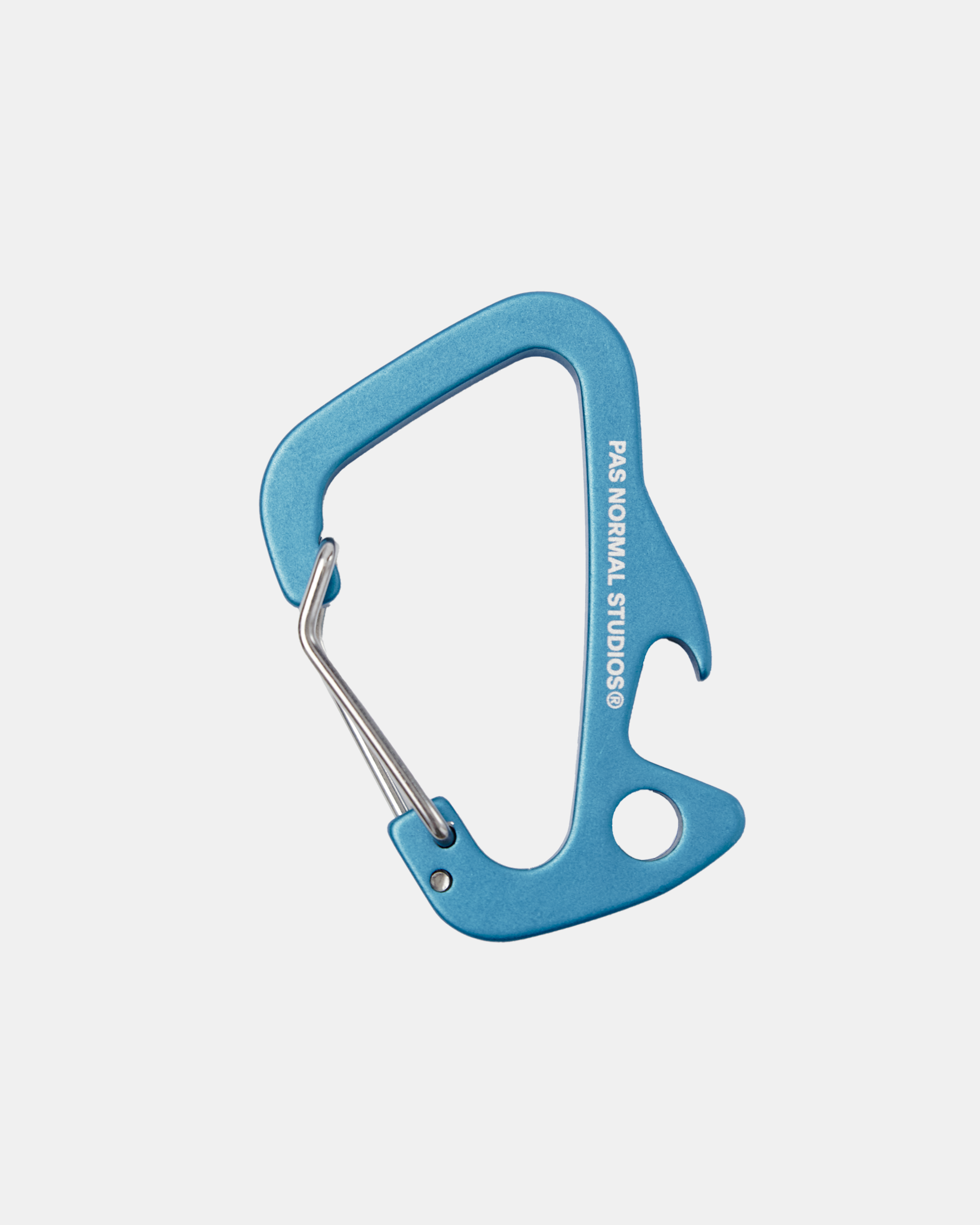Blue Off-Race carabiner, angled view with wire gate and keyring hole