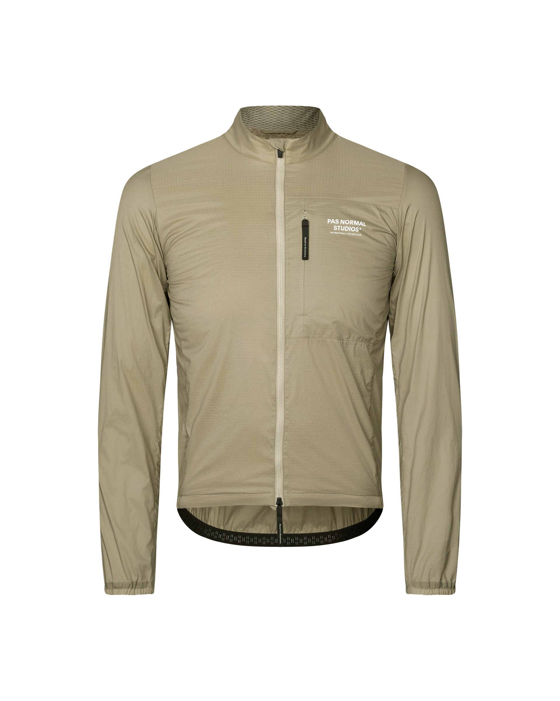 Grey Sage Essential Insulated cycling jacket, front flat lay with full zip and white chest logo