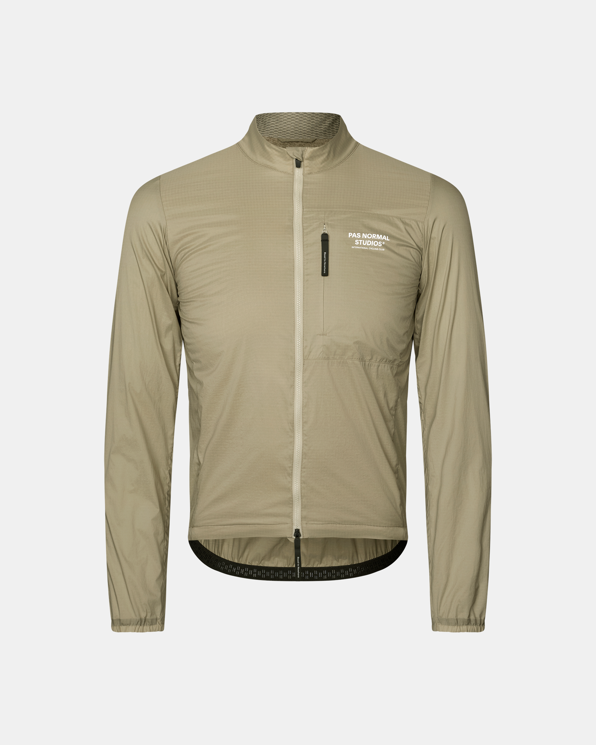 Grey Sage Essential Insulated cycling jacket, front flat lay with full zip and white chest logo