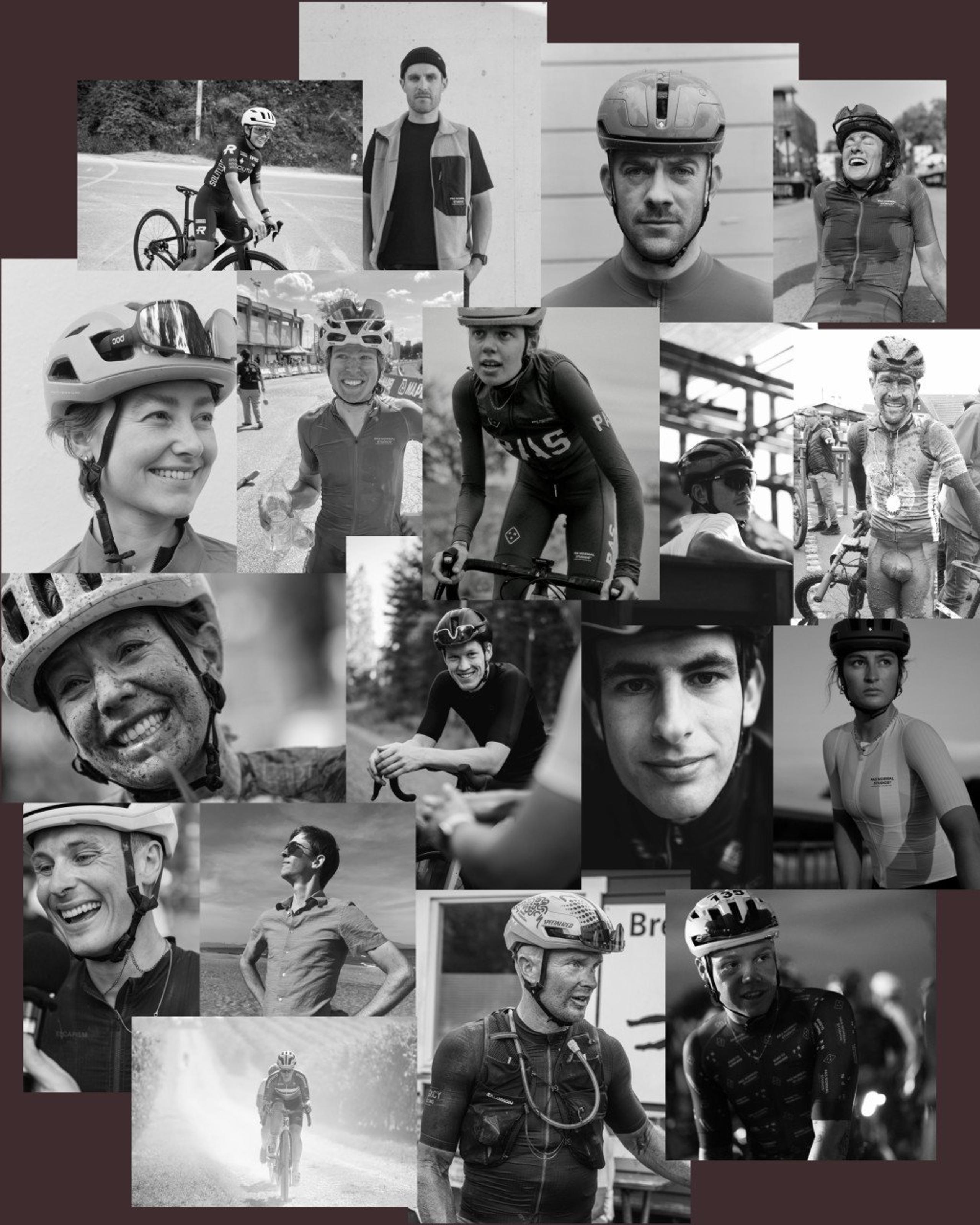 Black and white collage of cyclists wearing cycling apparel in various racing and training scenarios