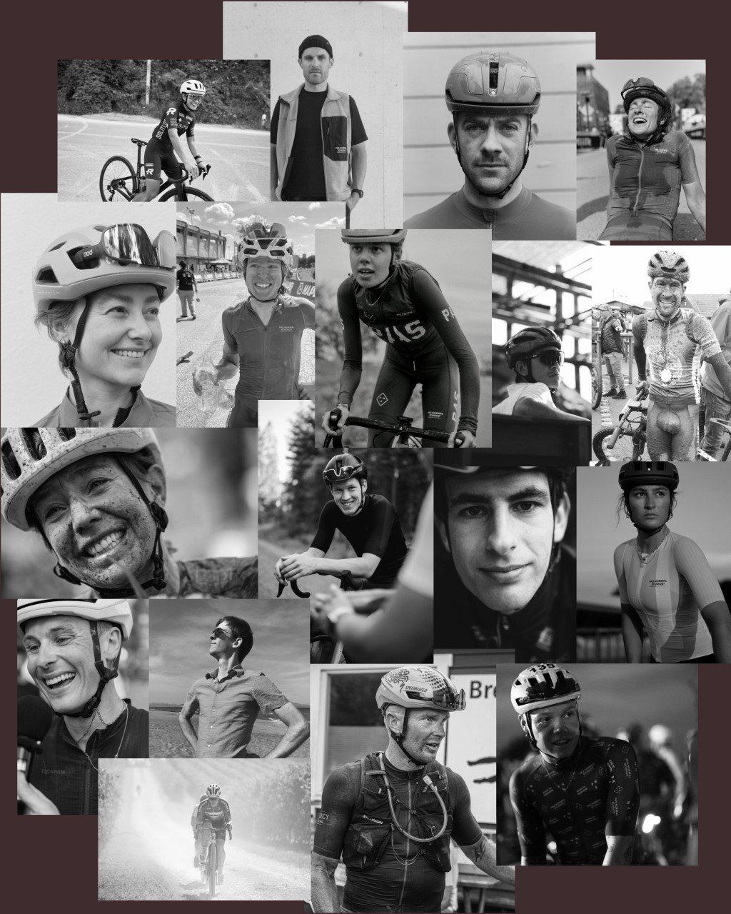 Black and white collage of cyclists wearing cycling apparel in various racing and training scenarios