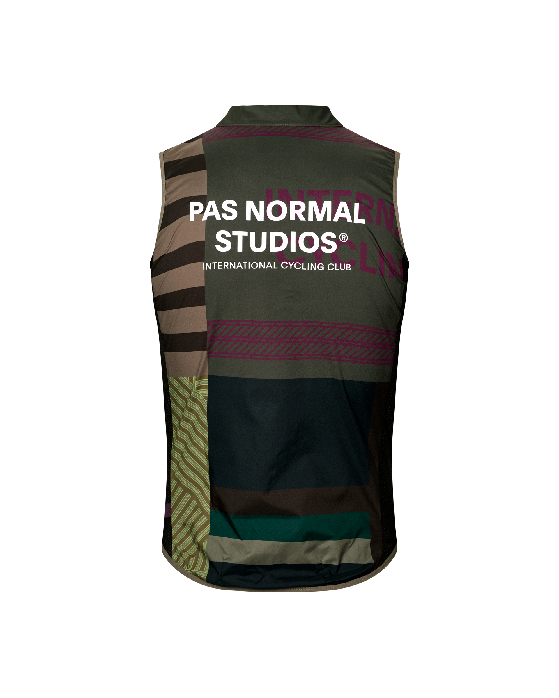 International Earth khaki Mechanism Stow Away cycling gilet, rear flat lay with multicolour patchwork print and white logo