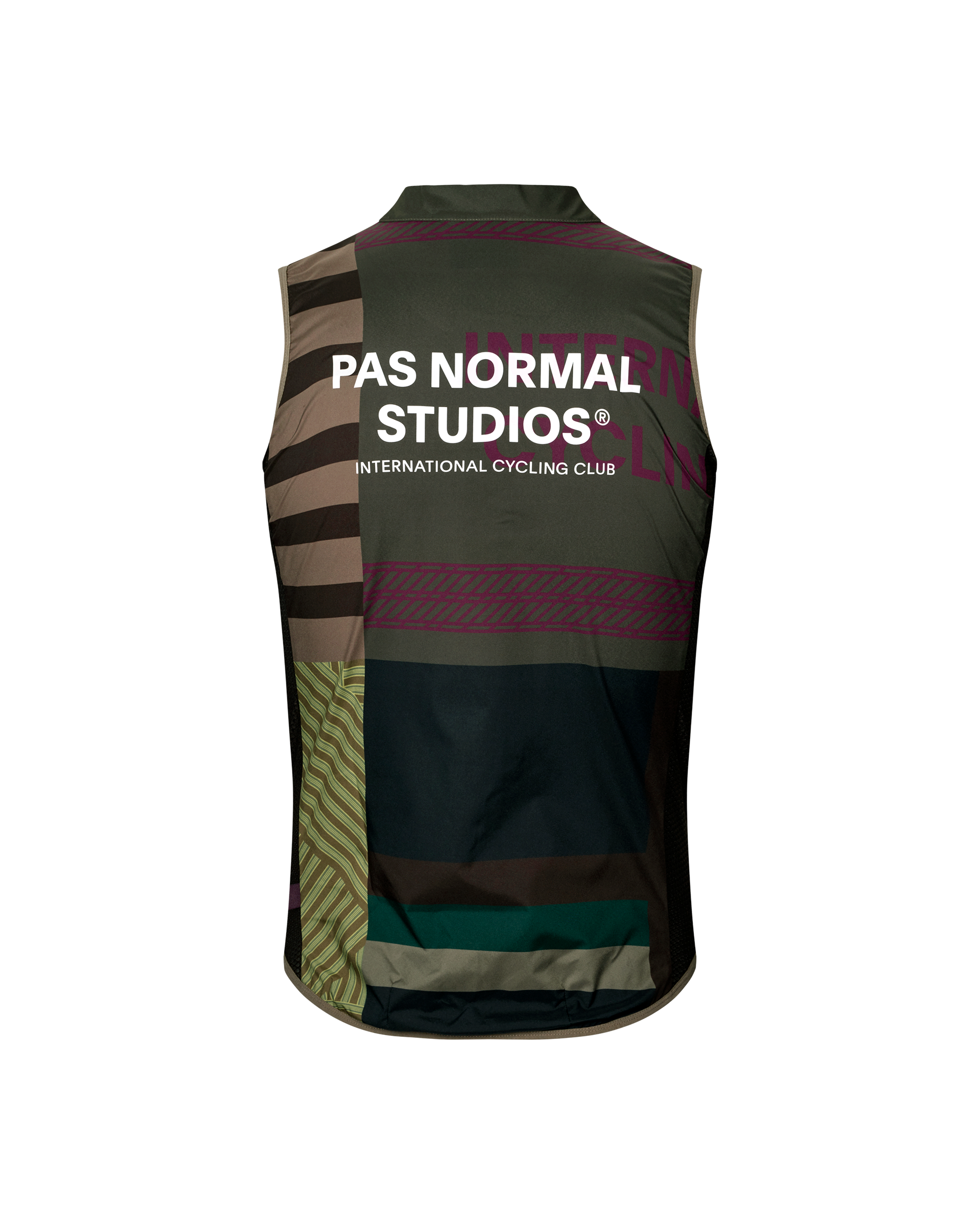 International Earth khaki Mechanism Stow Away cycling gilet, rear flat lay with multicolour patchwork print and white logo