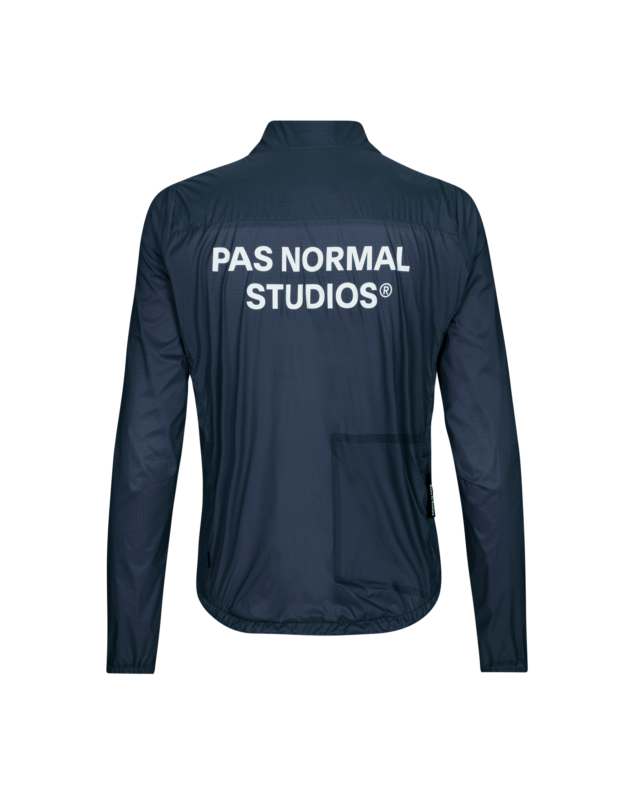 Navy Essential insulated cycling jacket, rear flat lay with white brand print