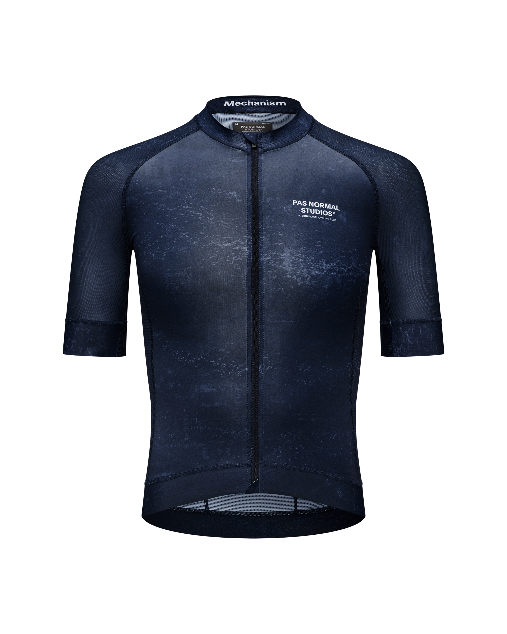 Navy Mechanism cycling jersey, front view with textured print and contrast mesh panels