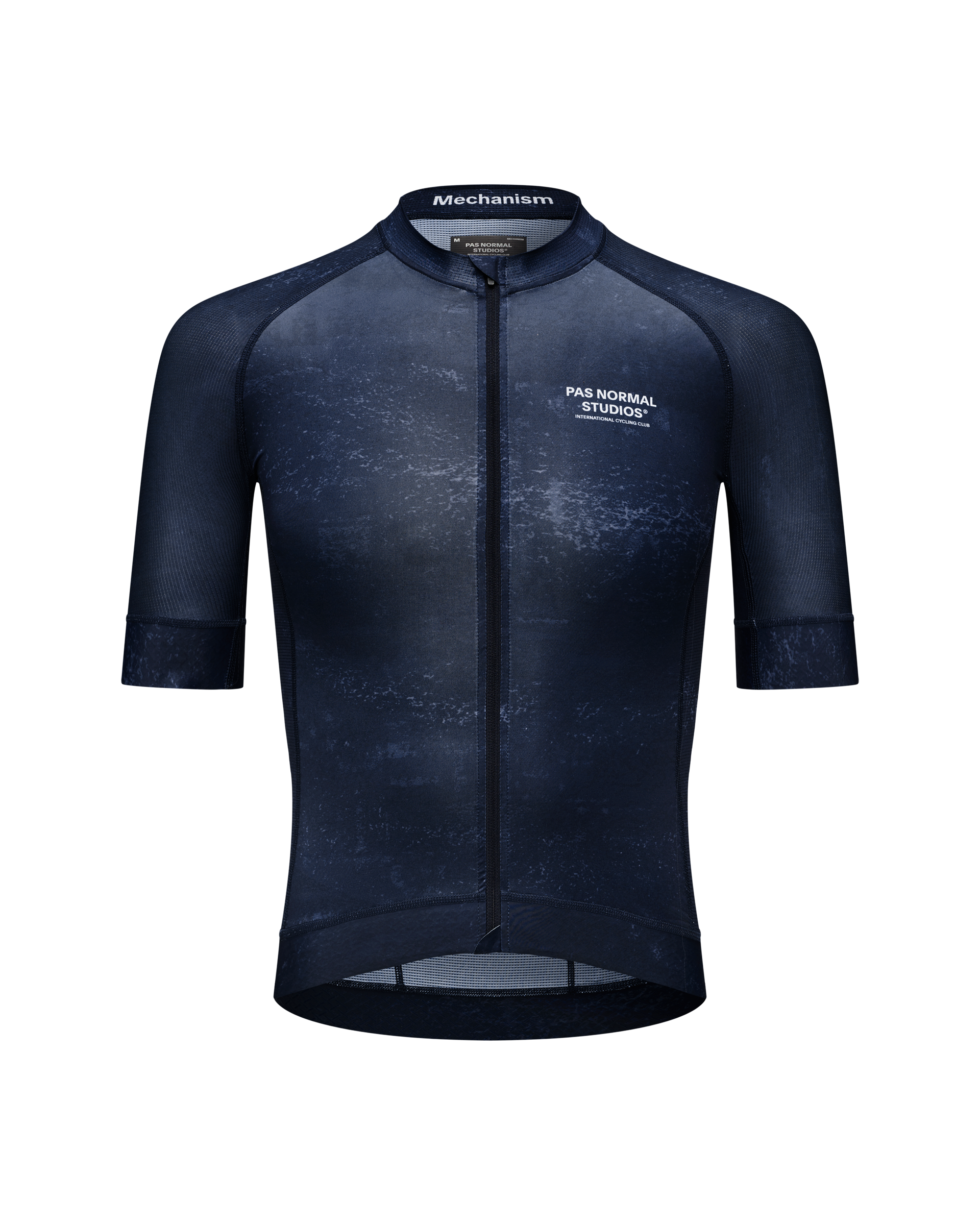Navy Mechanism cycling jersey, front view with textured print and contrast mesh panels