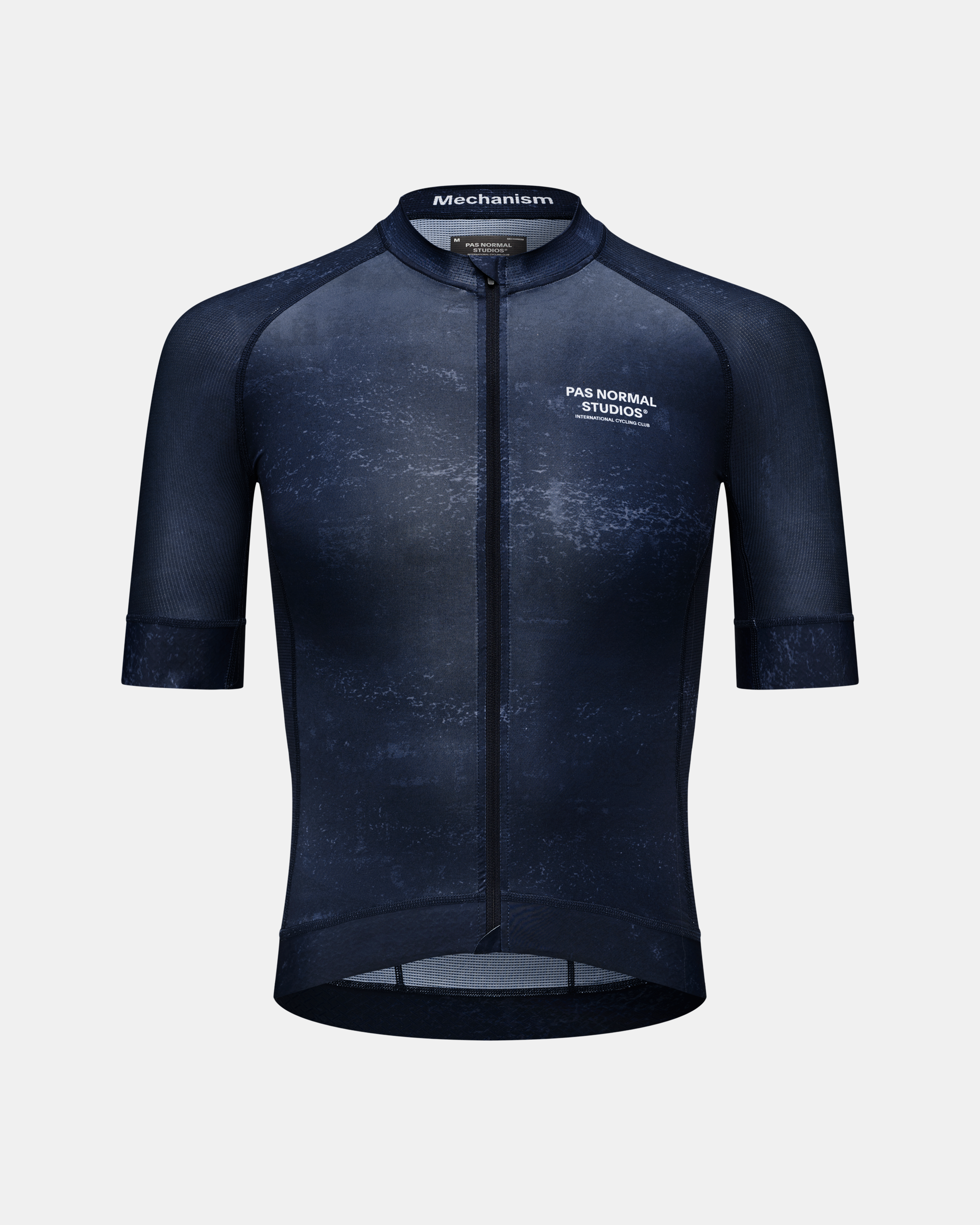 Navy Mechanism cycling jersey, front view with textured print and contrast mesh panels