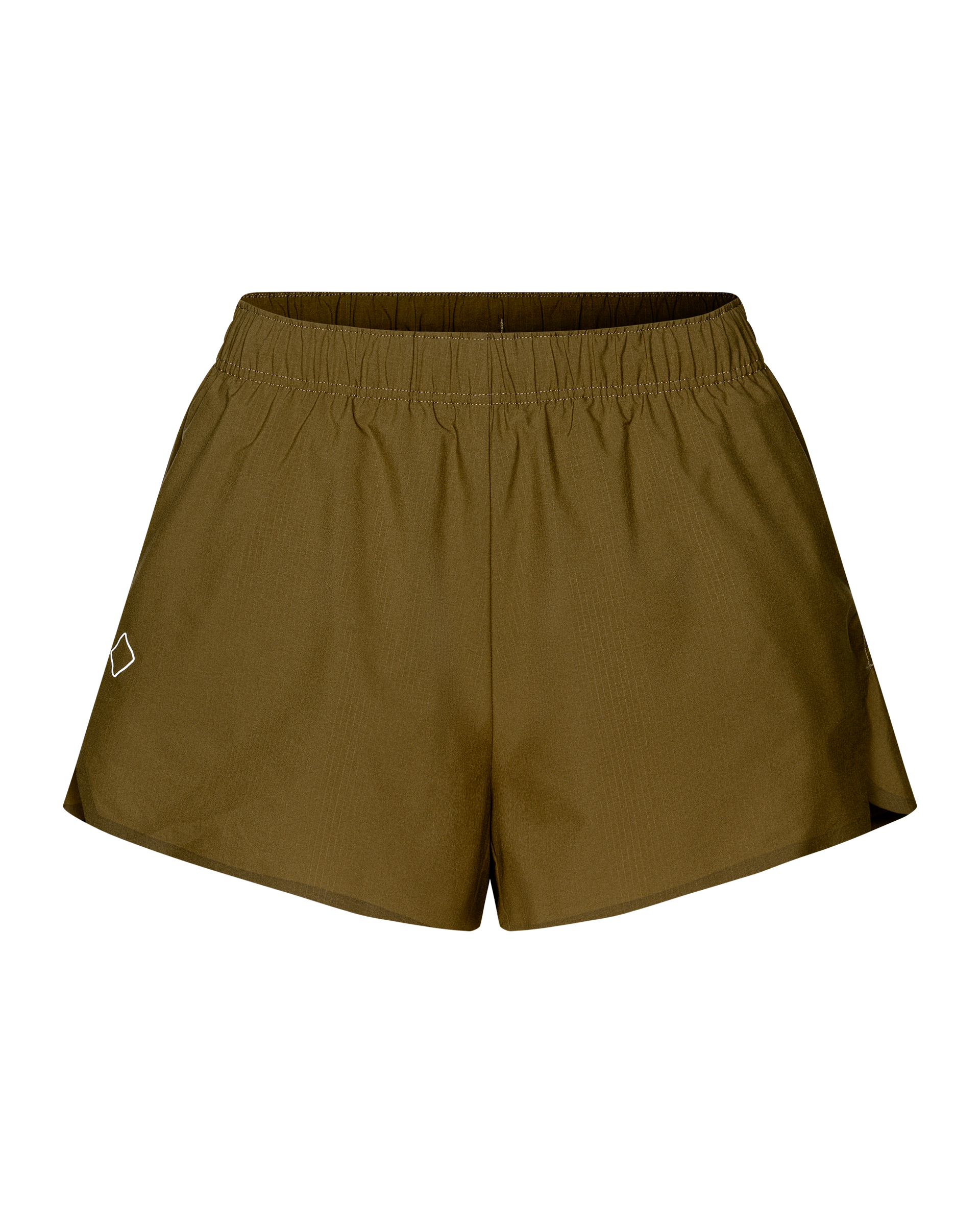 Moss Brown Balance women's shorts, front flat lay with elastic waistband and diamond logo