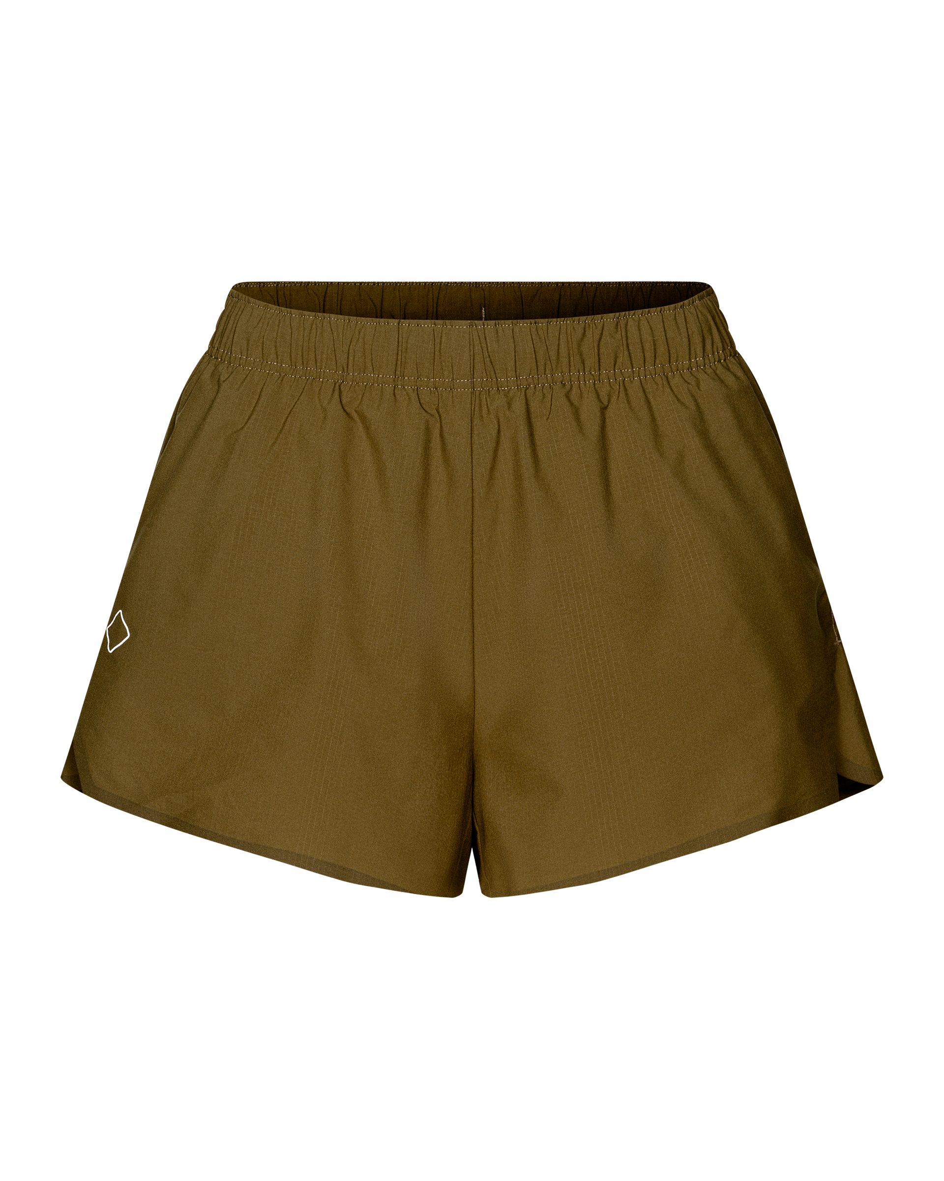 Moss Brown Balance women's shorts, front flat lay with elastic waistband and diamond logo