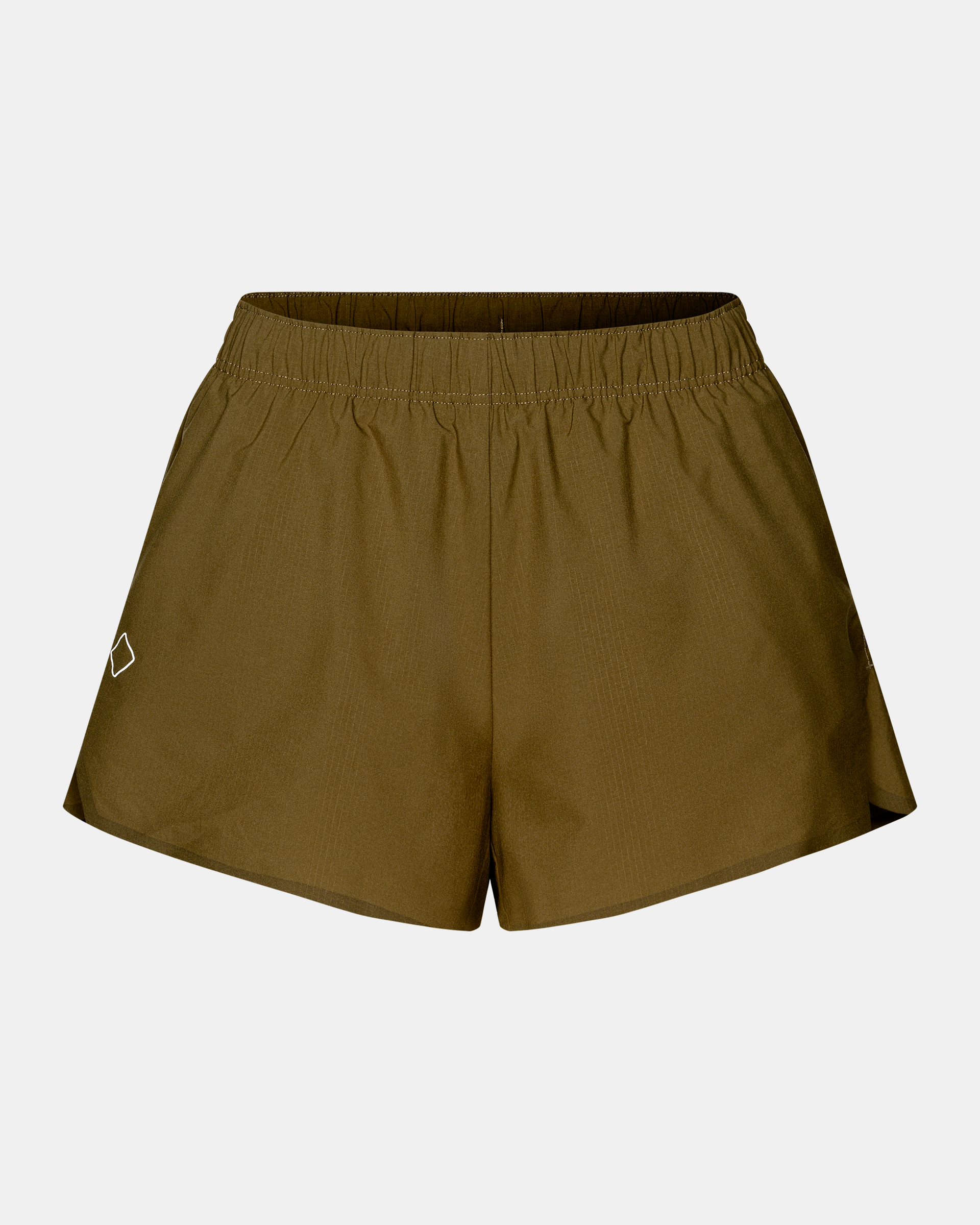 Moss Brown Balance women's shorts, front flat lay with elastic waistband and diamond logo