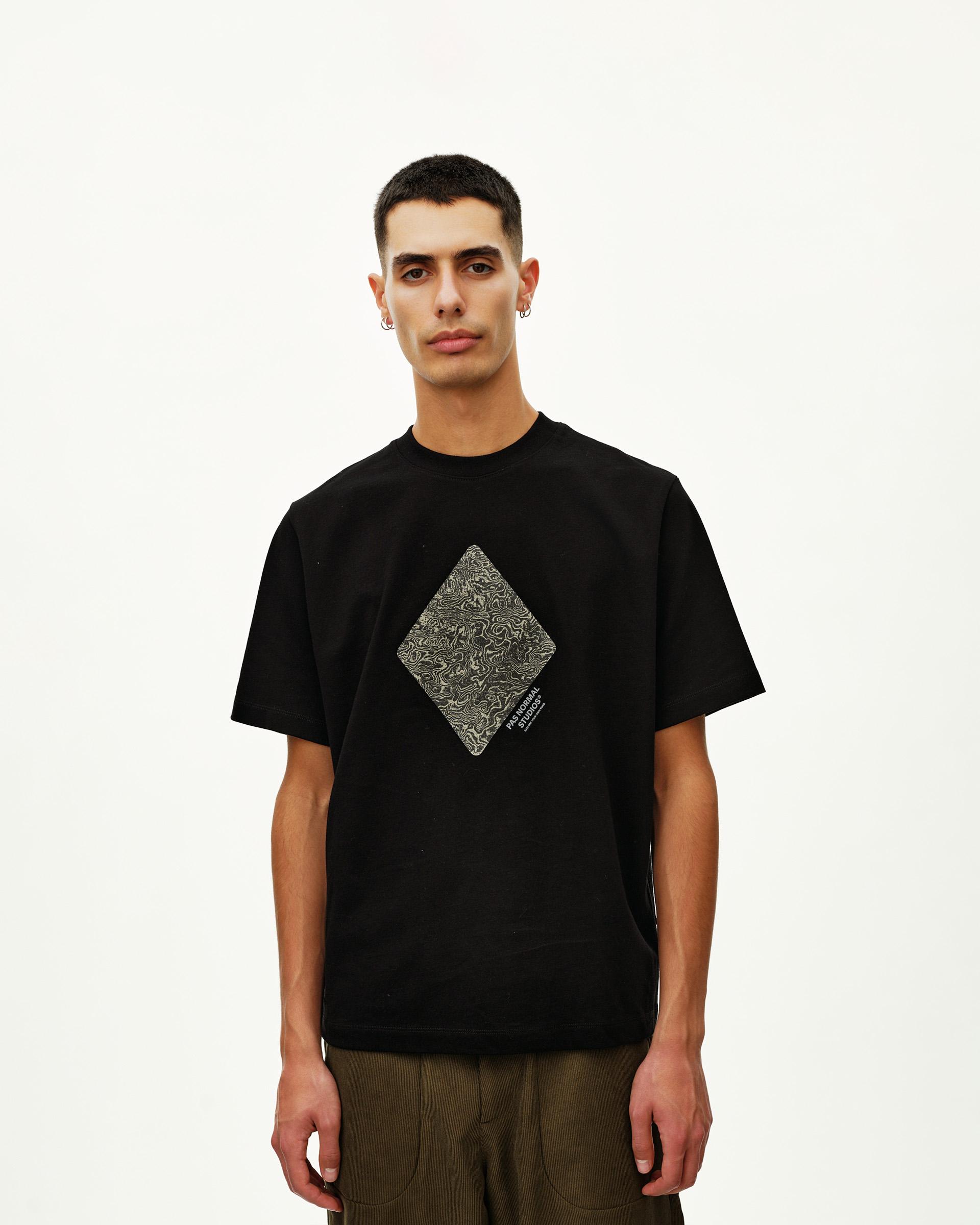 Black Off-Race Graphic T-shirt on model, front view with diamond topographic print on chest