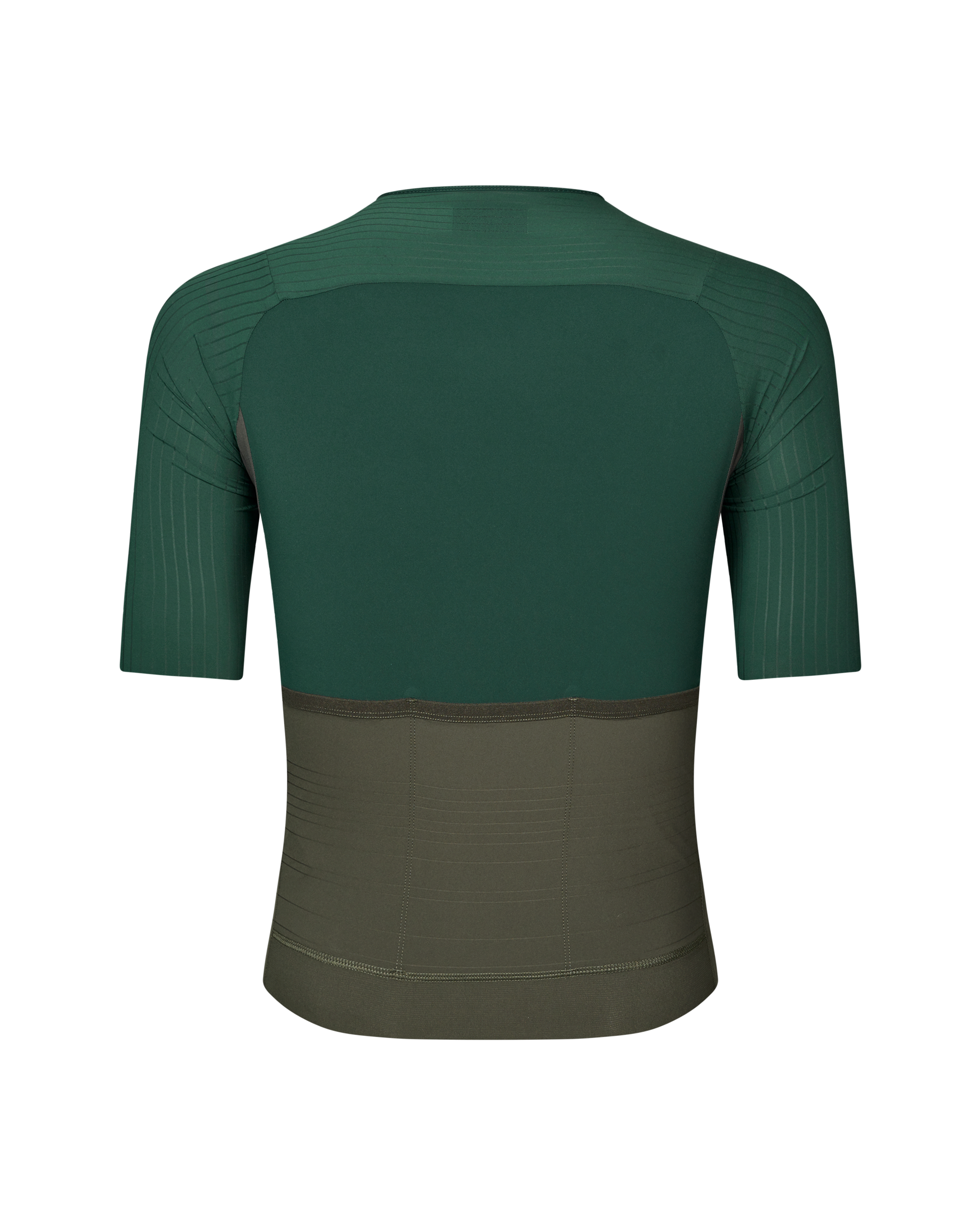 Green Mechanism Pro cycling jersey, rear view with olive lower panel and ribbed sleeves