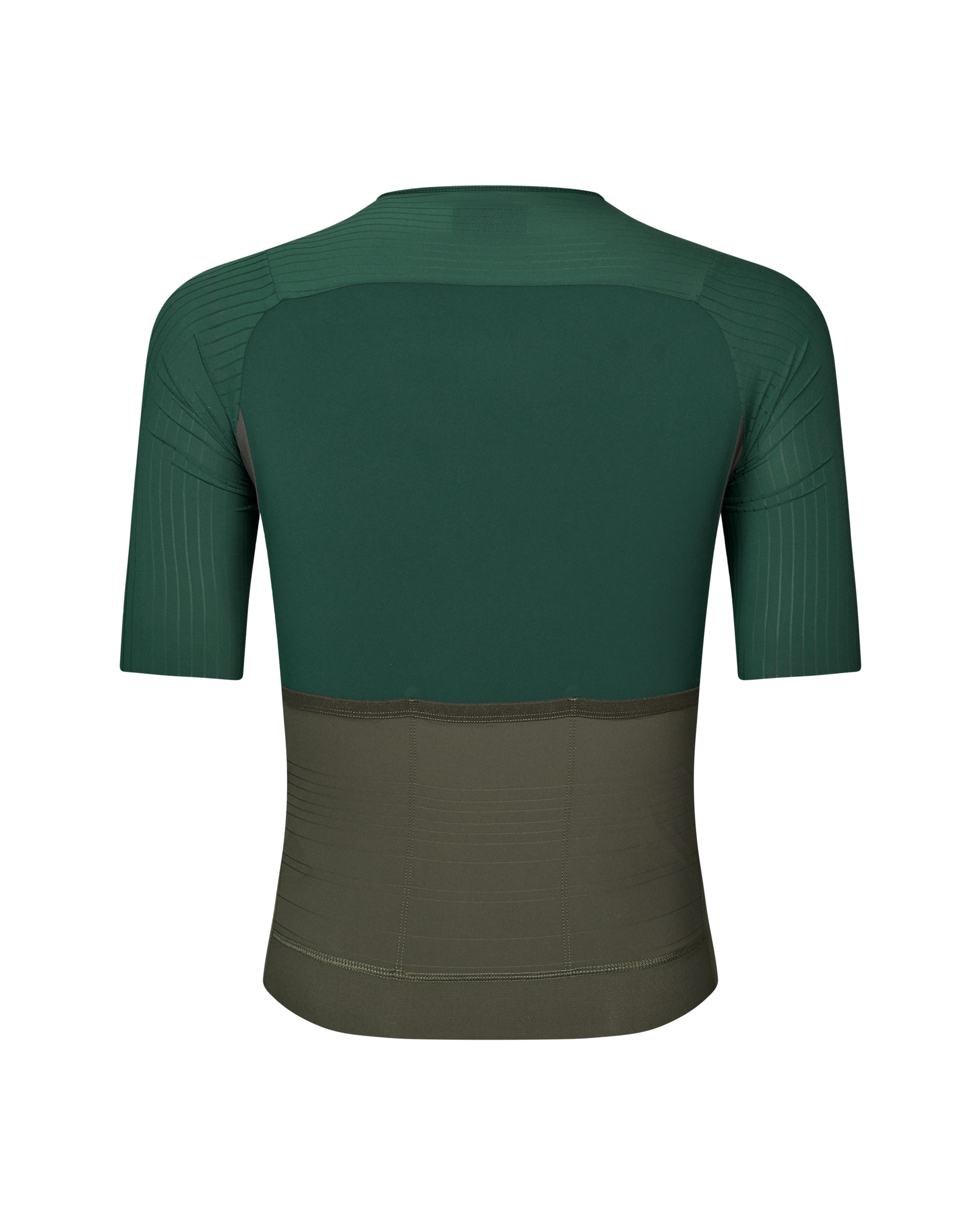 Green Mechanism Pro cycling jersey, rear view with olive lower panel and ribbed sleeves