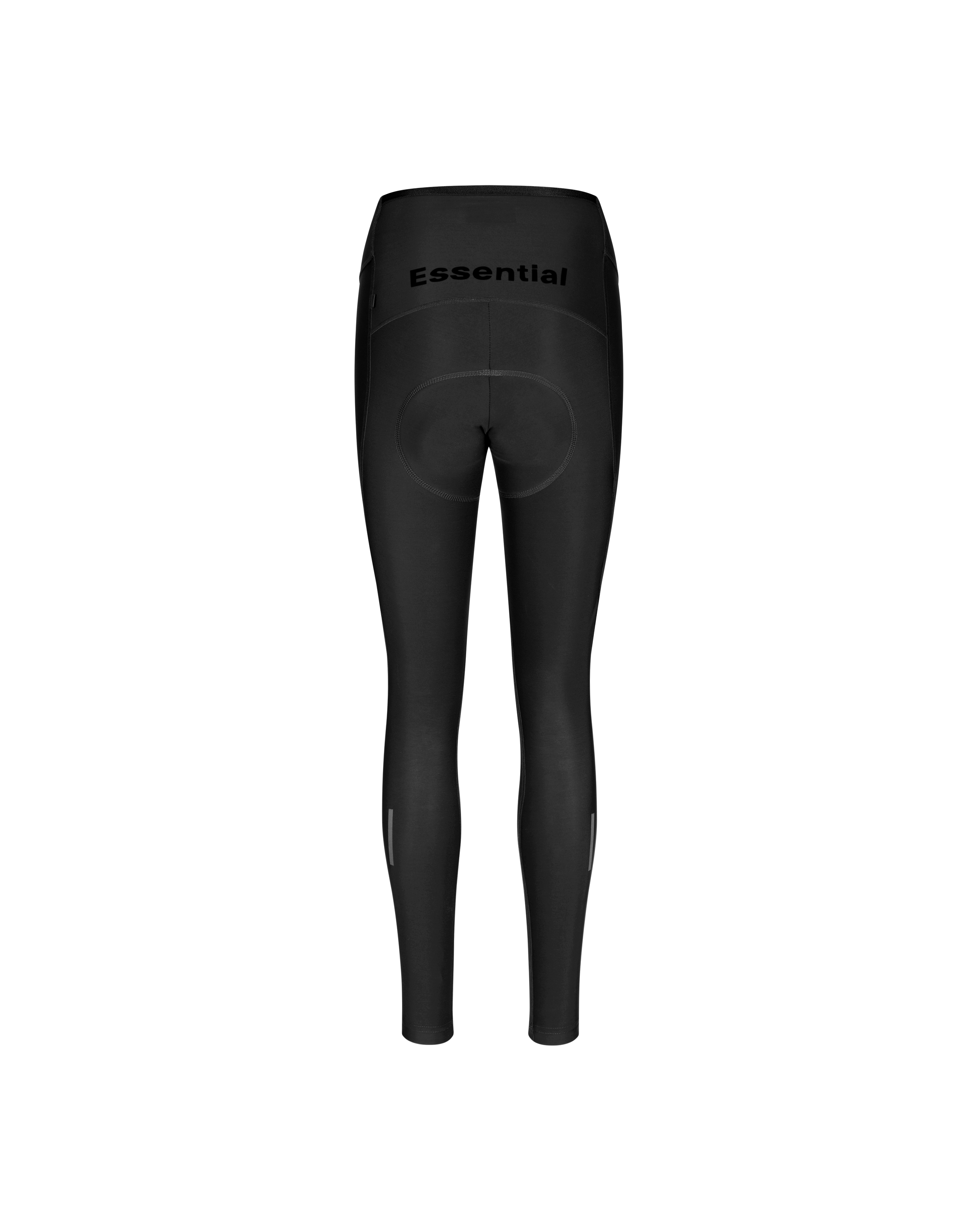 Black Essential thermal long tights, rear flat lay with chamois pad