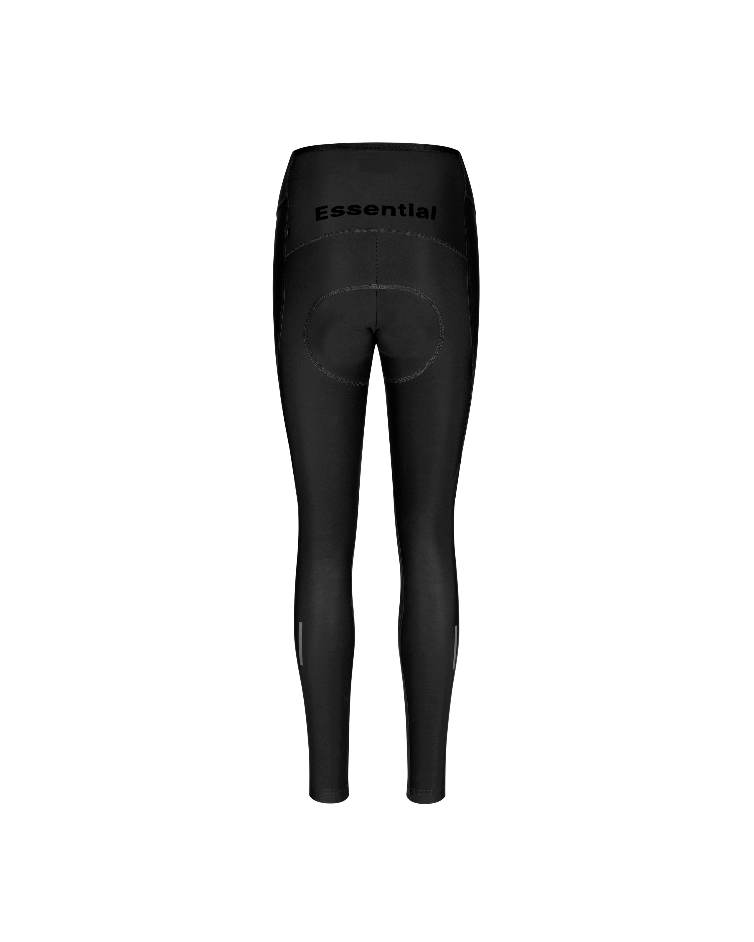 Black Essential thermal long tights, rear flat lay with chamois pad