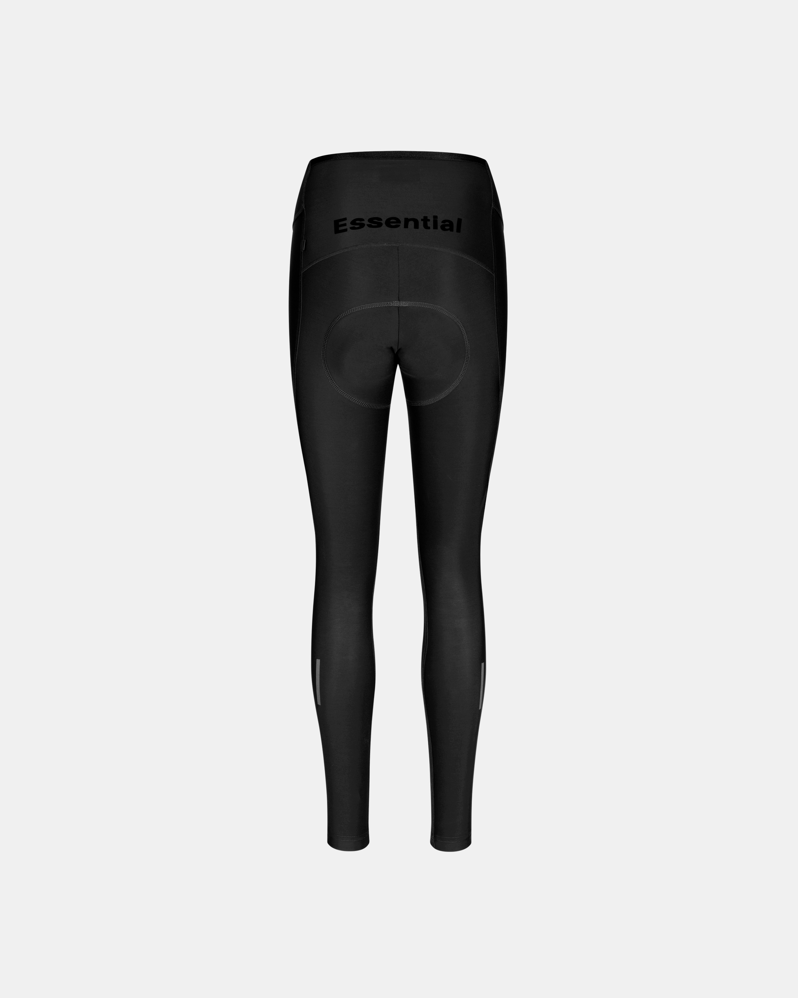Black Essential thermal long tights, rear flat lay with chamois pad