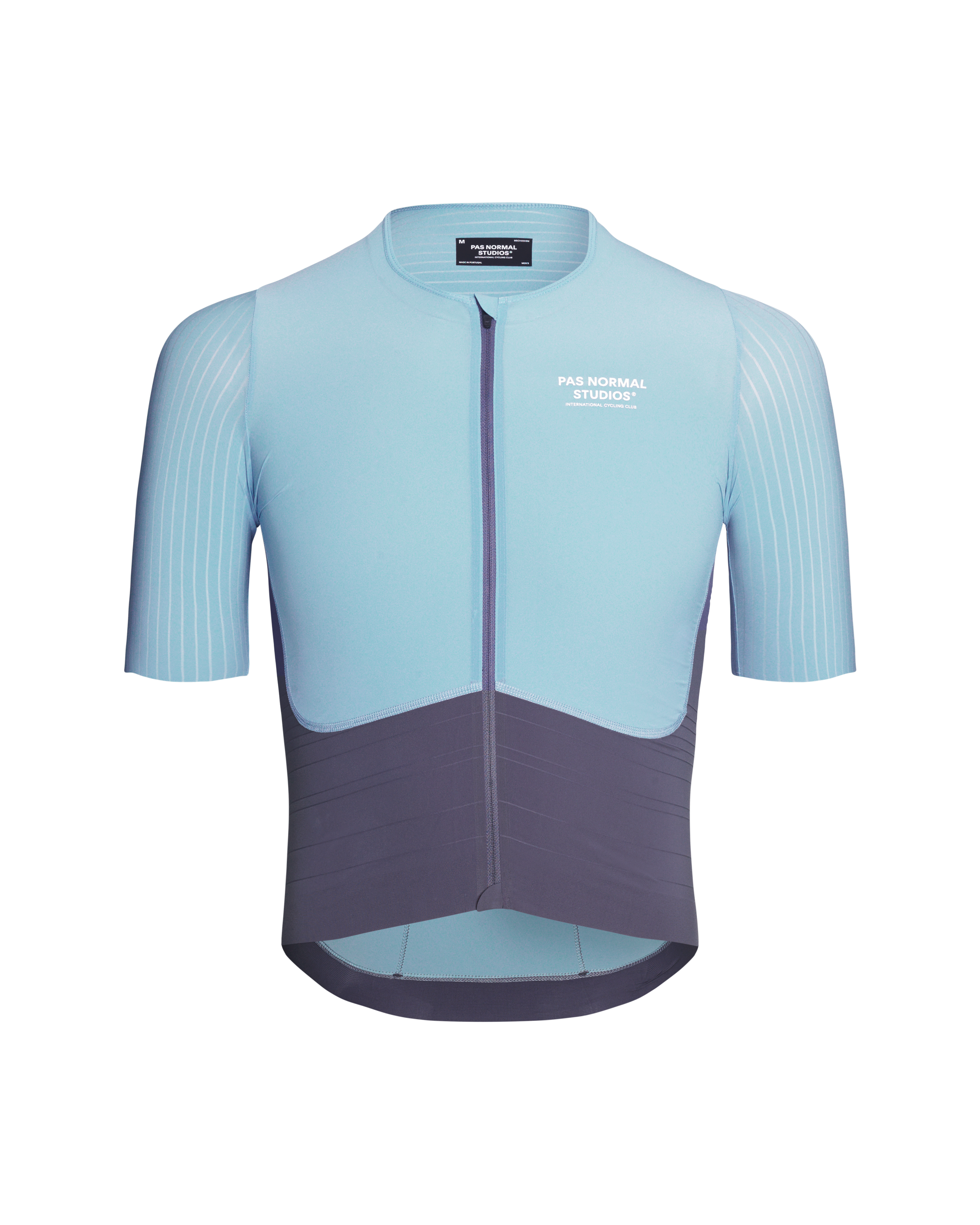 Light Blue Mechanism Pro cycling jersey, front view with purple contrast lower panel