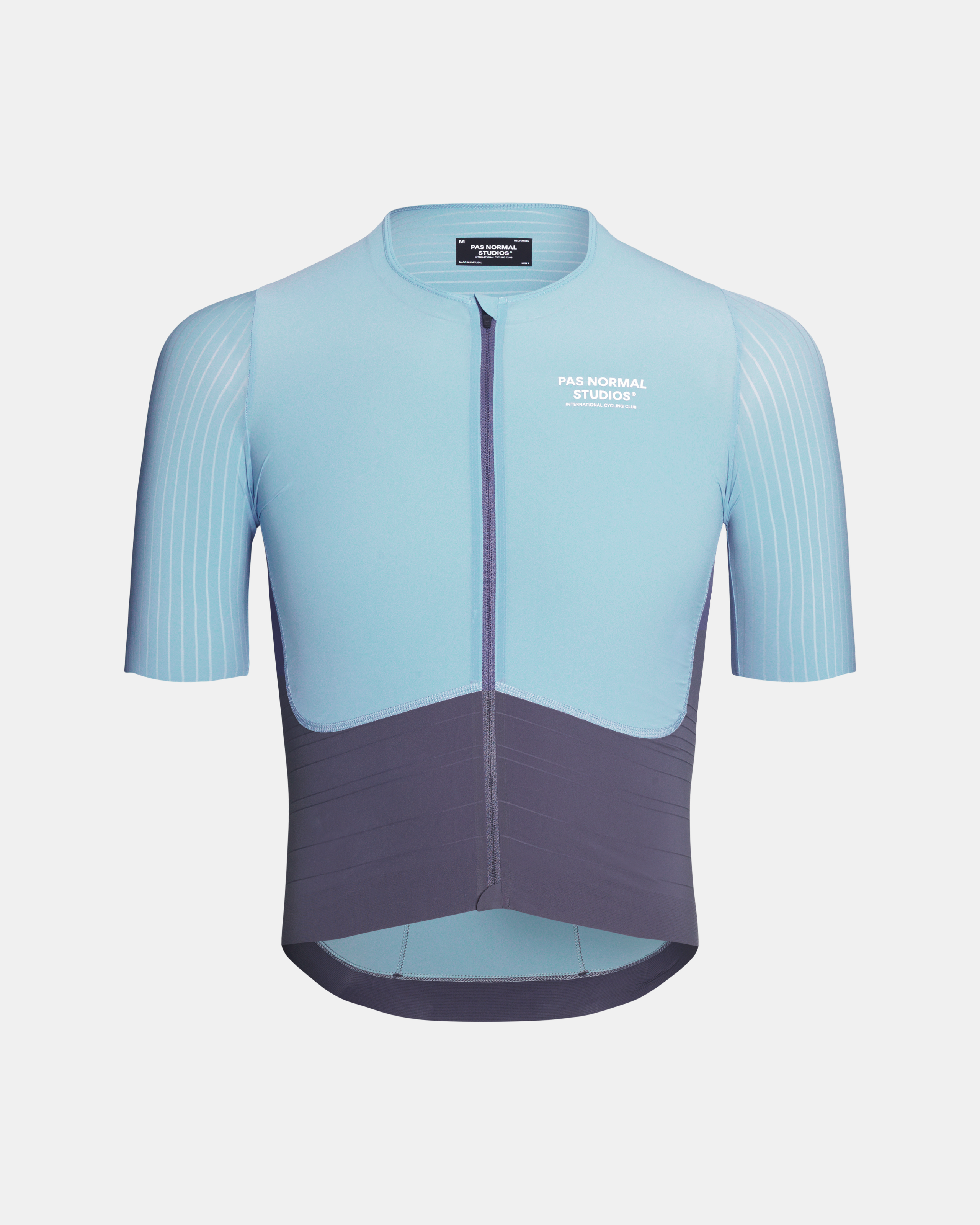 Light Blue Mechanism Pro cycling jersey, front view with purple contrast lower panel