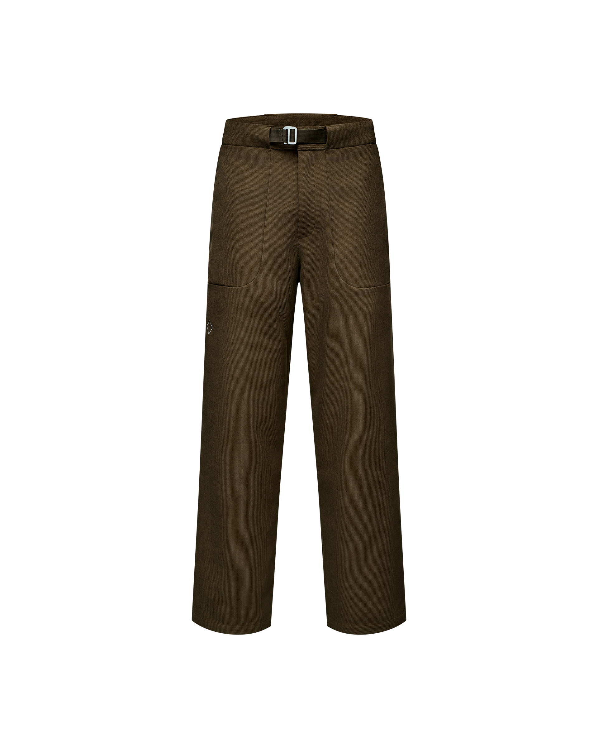 Deep Olive Off-Race Corduroy pants, front flat lay with buckle waistband and curved front pockets