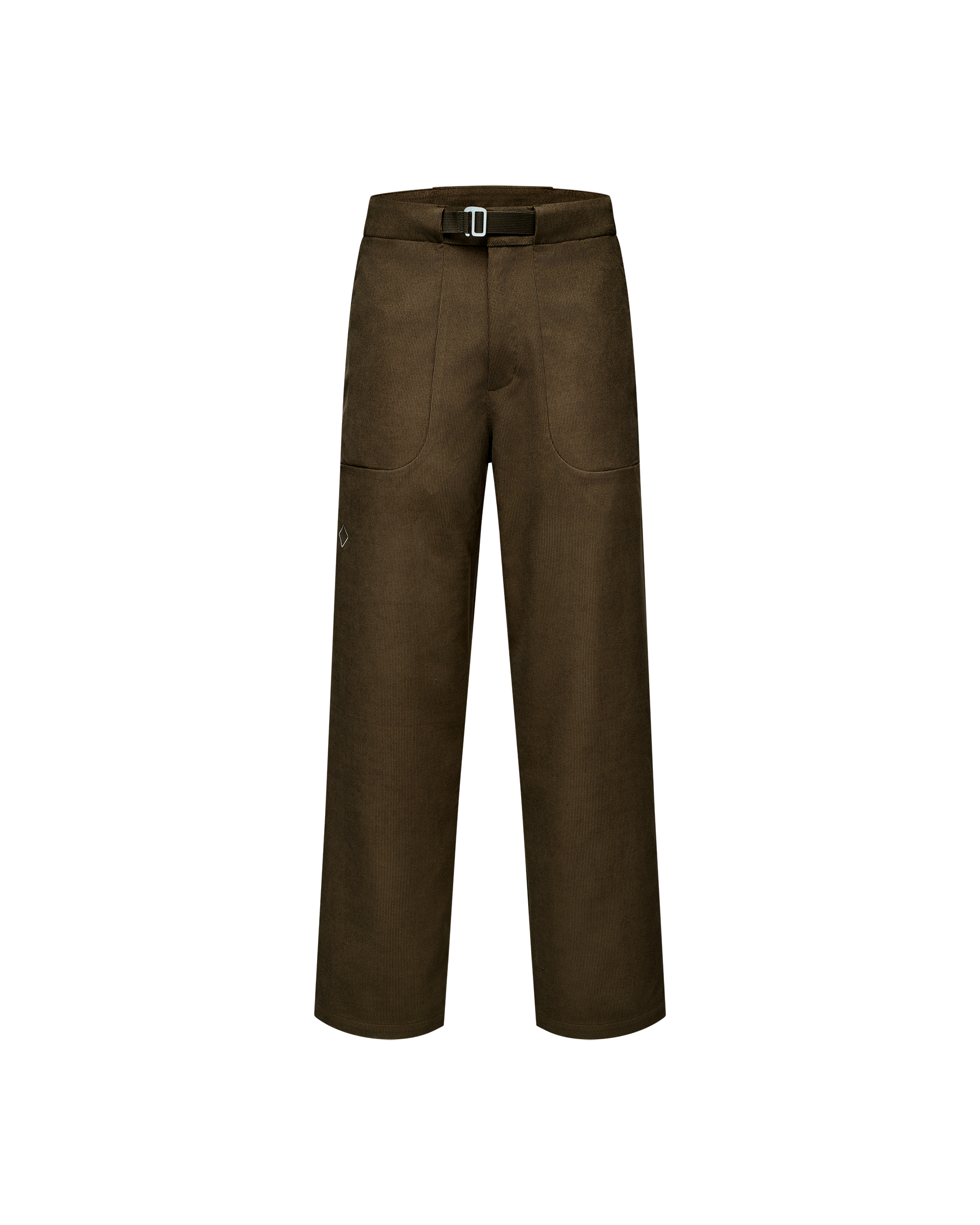 Deep Olive Off-Race Corduroy pants, front flat lay with buckle waistband and curved front pockets