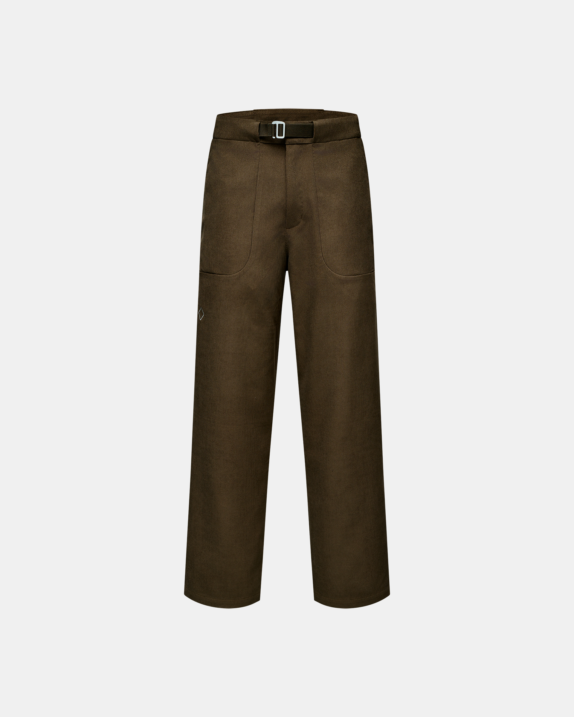 Deep Olive Off-Race Corduroy pants, front flat lay with buckle waistband and curved front pockets